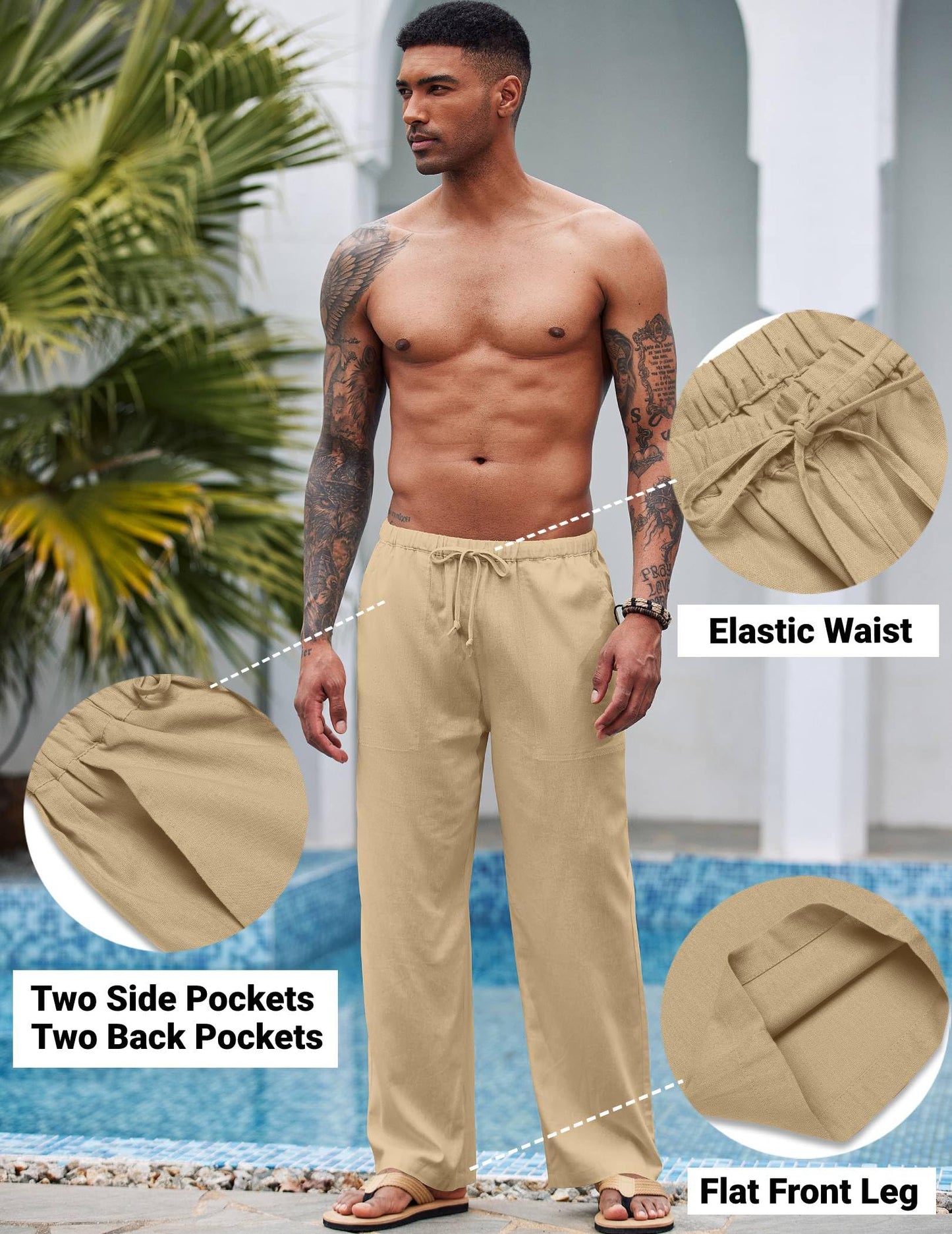 COOFANDY Mens Linen Drawstring Pants Elastic Waist Lightweight Trouser Casual Yoga Summer Beach Pant