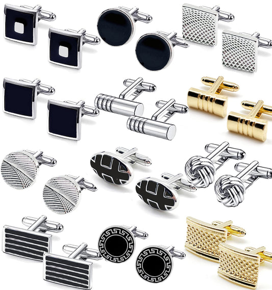 12 Pairs Cufflinks for Men Classic Tone Cuff Links Silver Black Striped Disc Square Rectangle Cuff Links Shirt Suit Men’s Cufflinks For Wedding Groom Business Elegant Gift