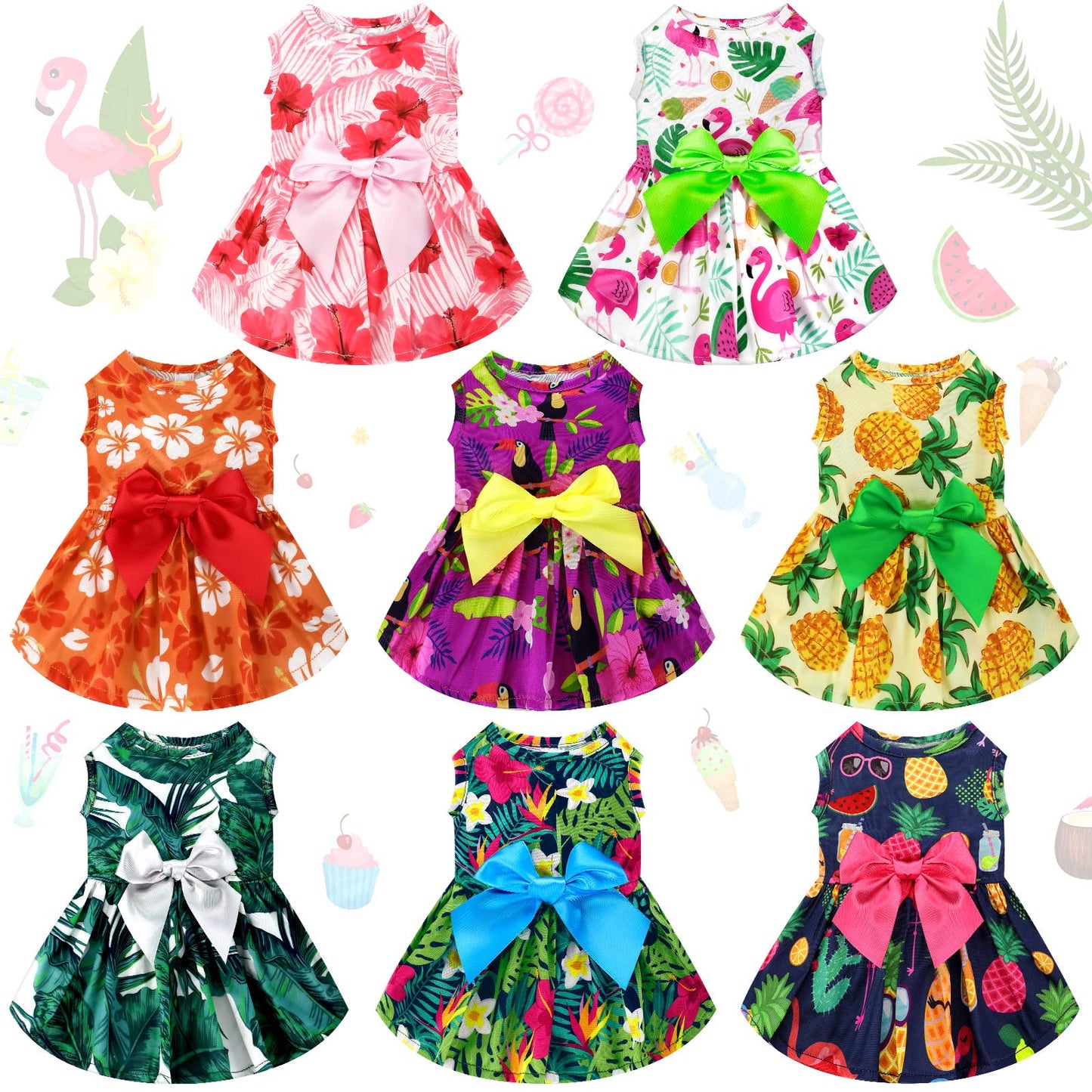 LEIFIDE 8 Pcs Summer Themed Hawaii Dog Dresses Holiday Dog Dress Flamingo Fruit Floral Pattern Pet Skirts Hawaii Puppy Princess Dresses Outfits Bowknot Puppy Dresses for Girl Dogs Cats Beach (Small)