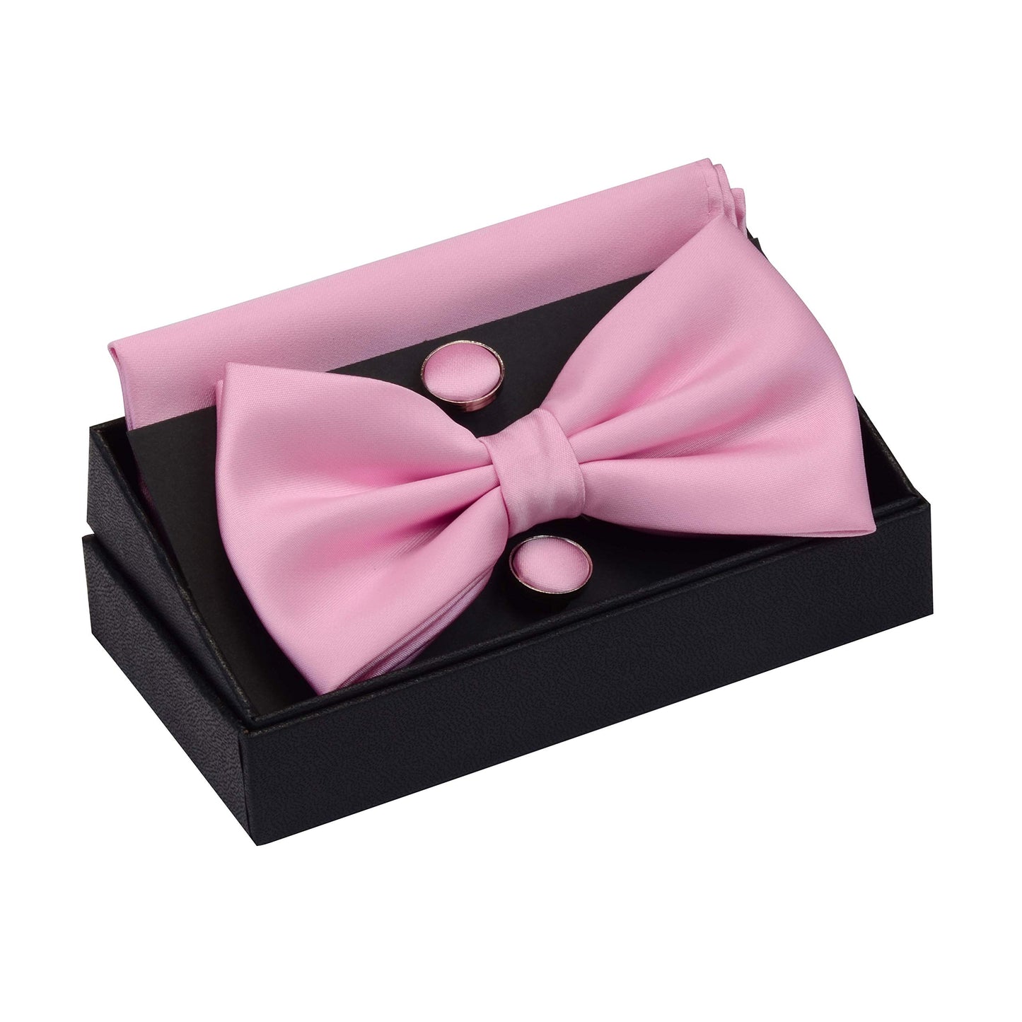 GUSLESON Mens Solid Color Double Fold Pre-tied Bow Tie and Pocket Square Cufflink Set with Gift Box