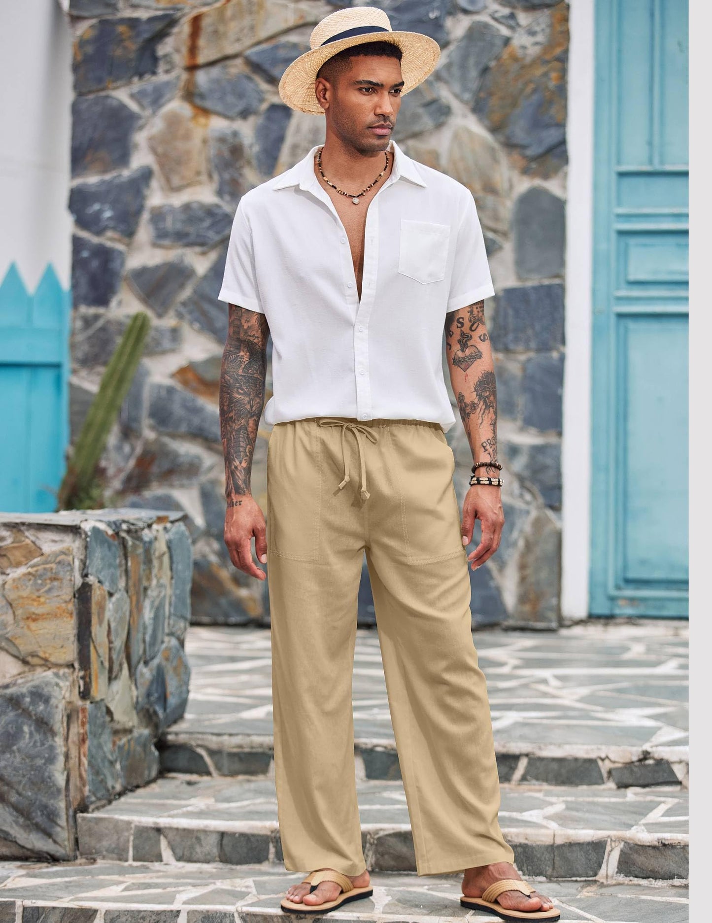 COOFANDY Mens Linen Drawstring Pants Elastic Waist Lightweight Trouser Casual Yoga Summer Beach Pant