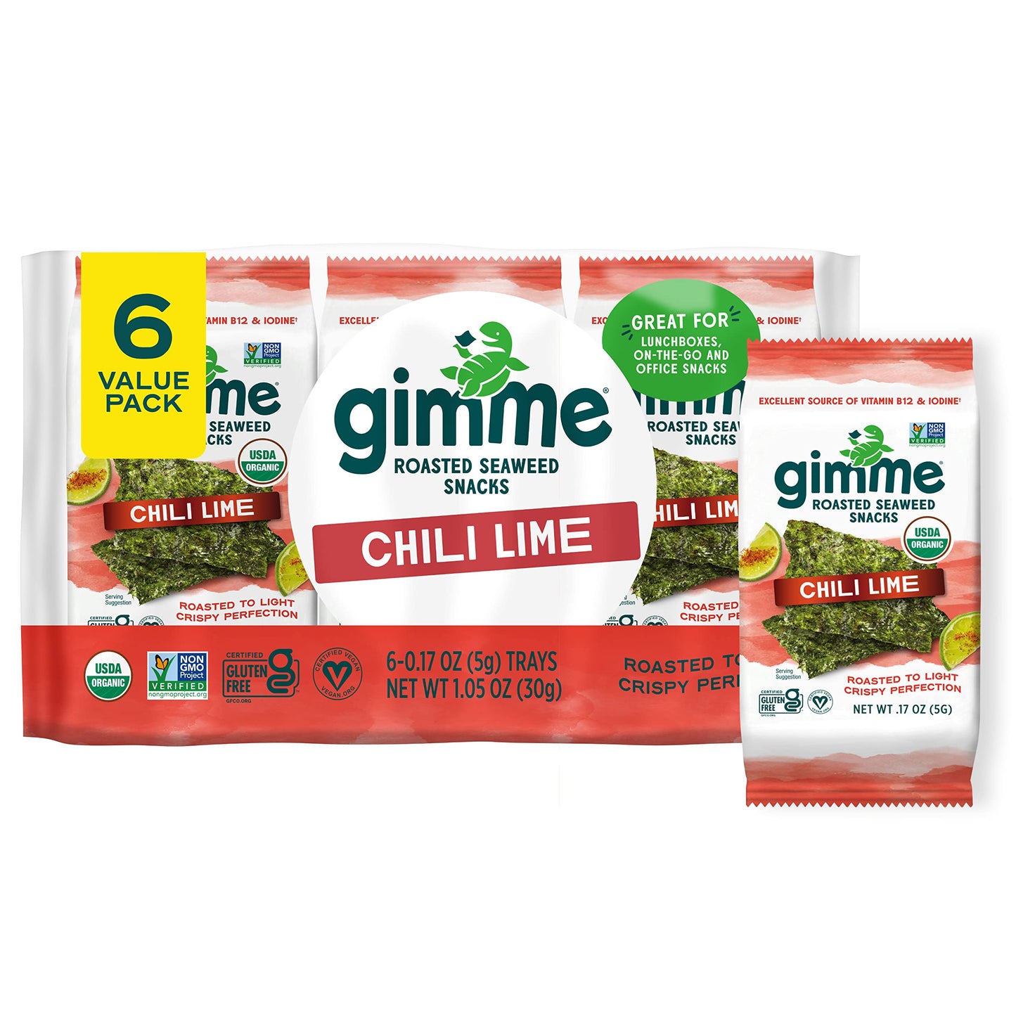 gimMe - Sea Salt Organic Roasted Seaweed Sheets Keto, Vegan, Gluten Free Great Source of Iodine & Omega 3’s Healthy On-The-Go Snack for Kids Adults 6 Count( Pack 1)