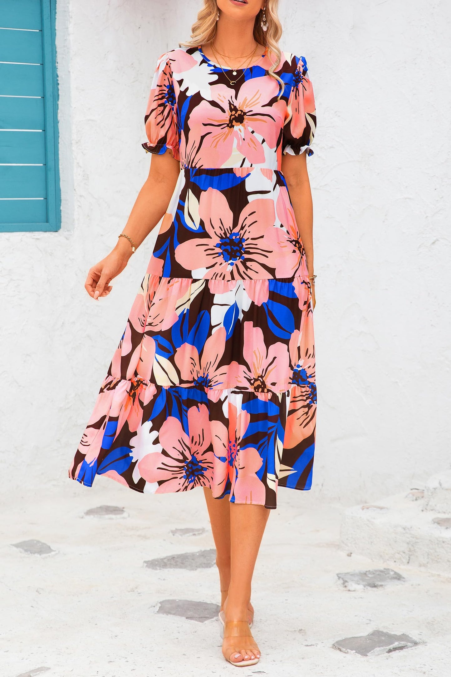 Pretty Garden Womens Summer Casual Boho Dress Floral Print Ruffle Puff Sleeve High Waist Midi