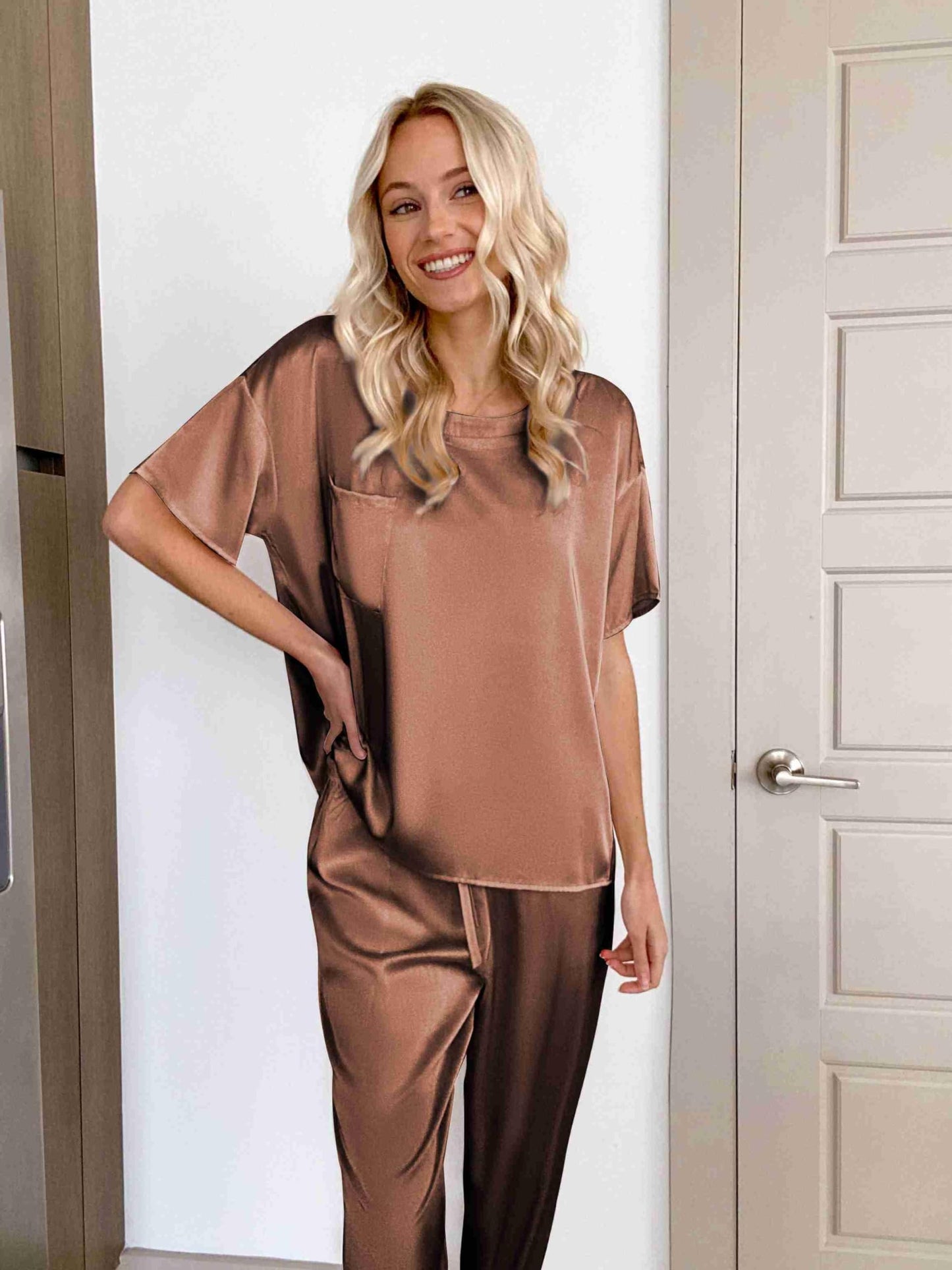 Ekouaer Womens Satin Silky Pajama Set Short Sleeve Shirt with Long Pajama Pant Set Soft PJ Loungewear