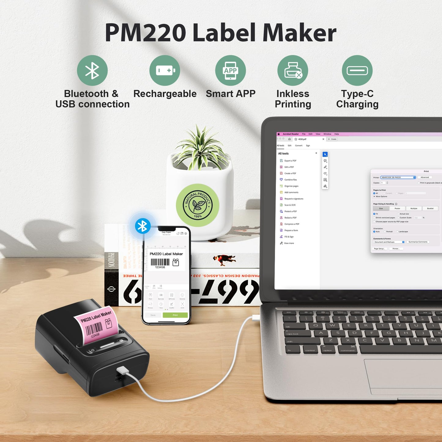 Label Maker Machine with Tape, PM220 Bluethooth Label Printer, Portable Thermal Printer for Small Business, Address, Logo, Clothing, Mailing, Sticker Printer for Phones & PC, White