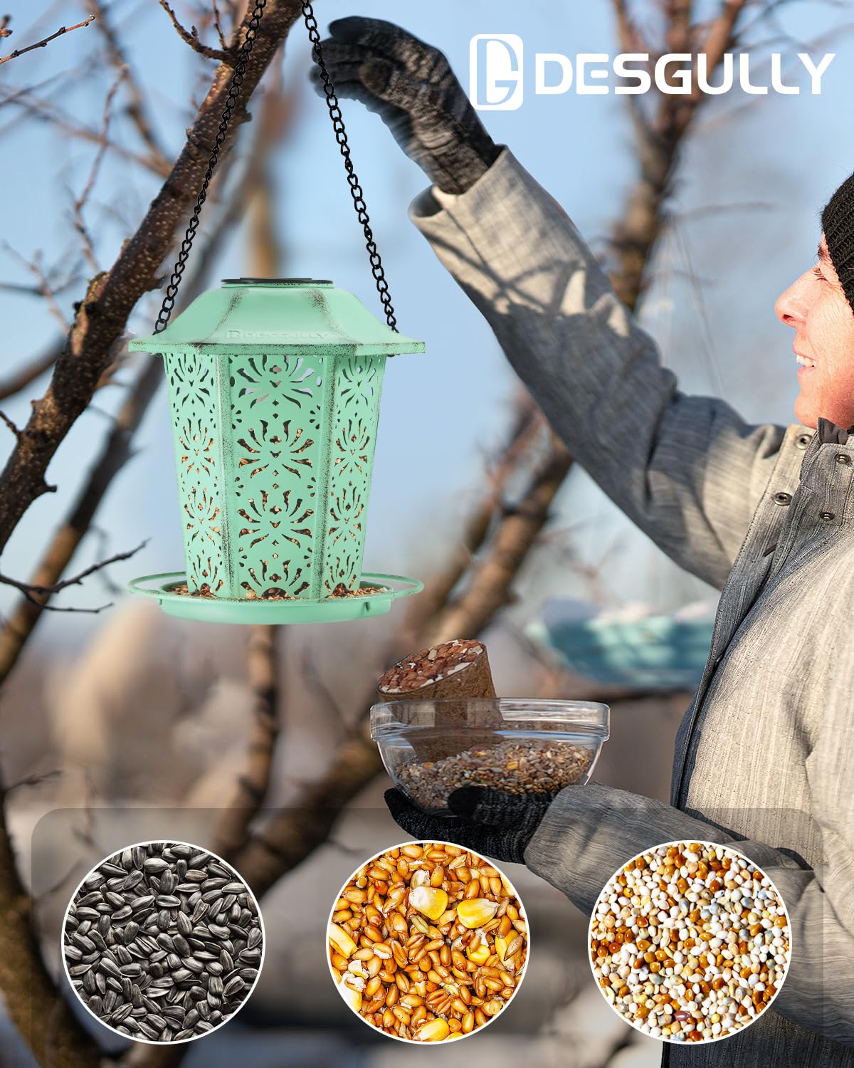 Solar Bird Feeders for Outdoors Hanging - Premium Grade Metal Bird Feeder, Chew-Proof, Weather and Water Resistant Wild Bird feeders, Outside and Garden Decoration-New