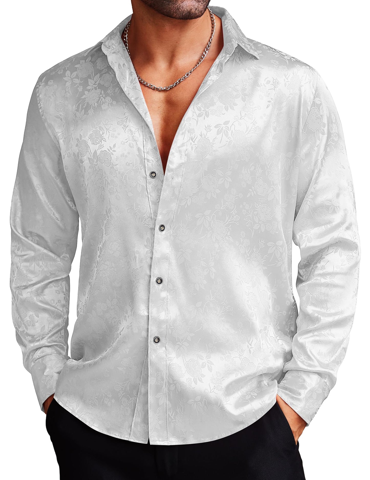 COOFANDY Men's Silk Satin Dress Shirts Jacquard Long Sleeve Floral Button Up Shirts Party Prom Wedding Shirt