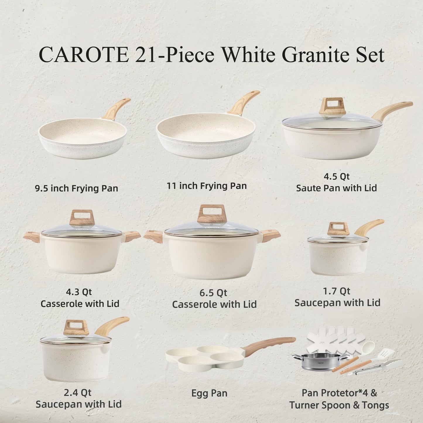 CAROTE Pots and Pans Set Nonstick, White Granite Induction Kitchen Cookware Set, 10 Pcs Non Stick Cooking Set w/Frying Pans & Saucepans(PFOS, PFOA Free)