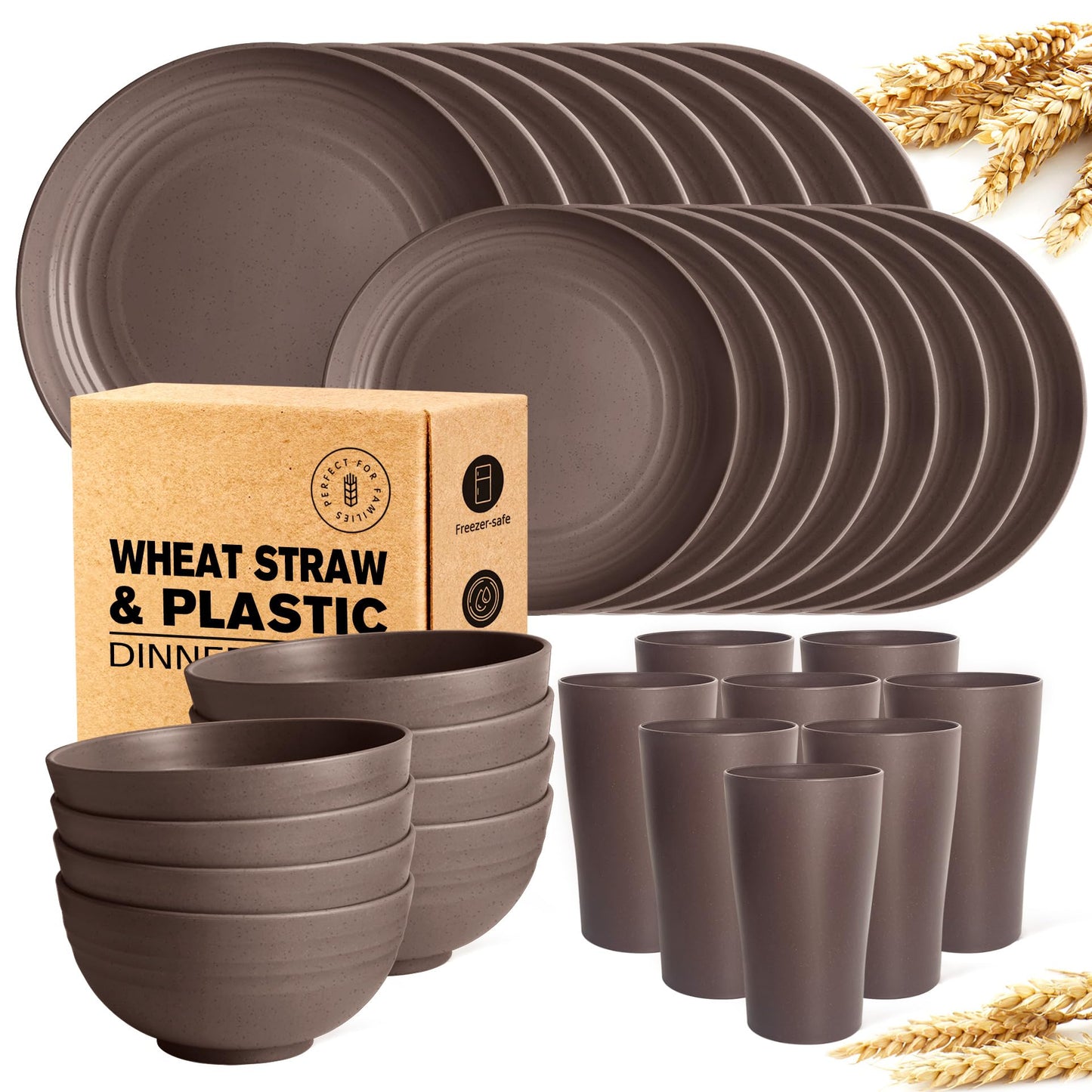 Teivio 32-Piece Kitchen Plastic Wheat Straw Dinnerware Set, Service for 8, Dinner Plates, Dessert Plate, Cereal Bowls, Cups, Unbreakable Colorful Plastic Outdoor Camping Dishes, Black