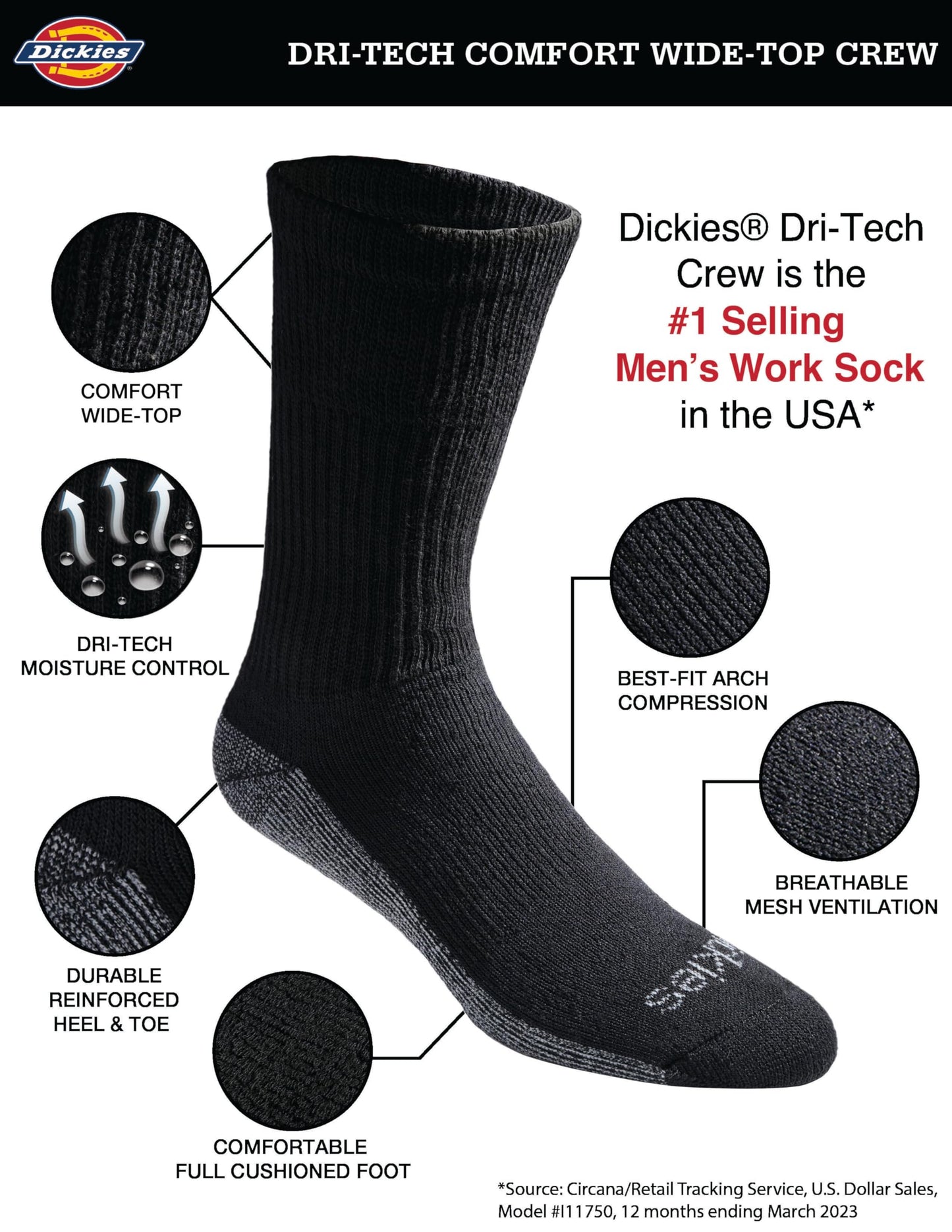 Dickies Men's Dri-tech Essential Moisture Control Crew Socks Multipack