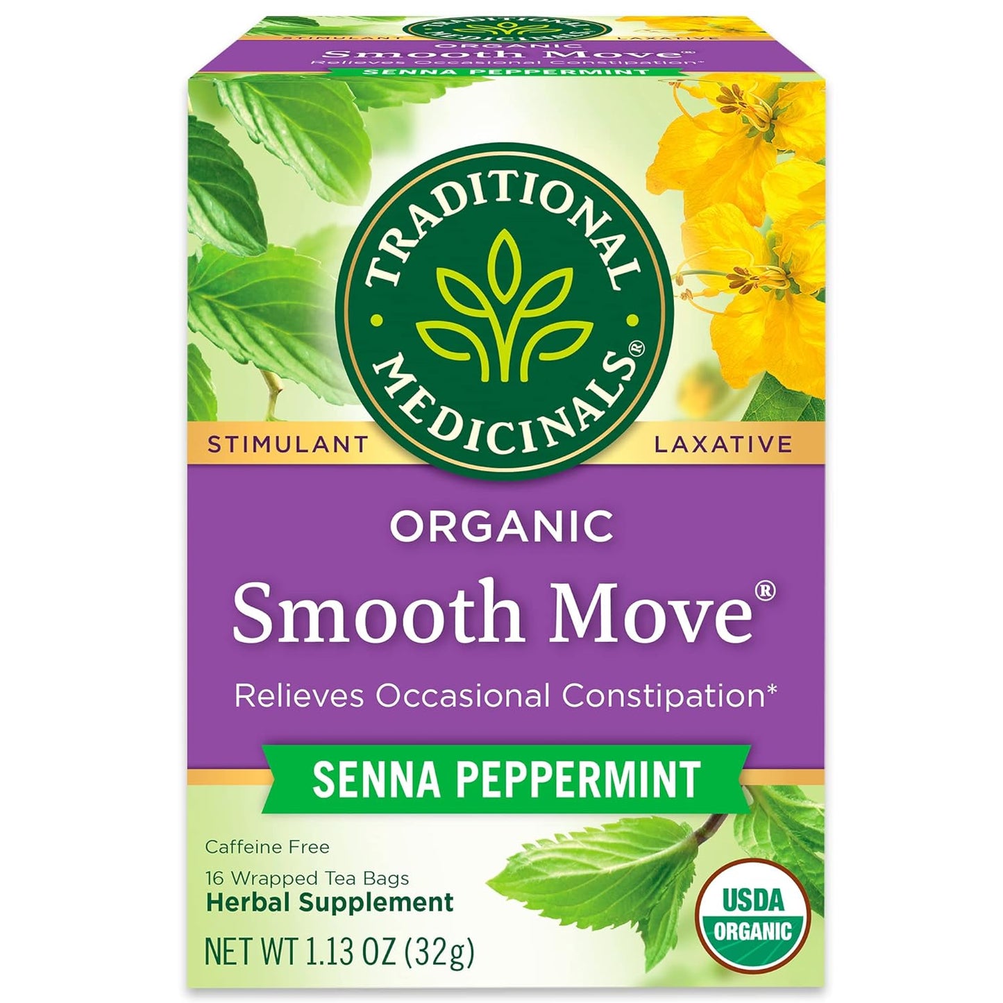 Traditional Medicinals Tea, Organic Smooth Move Peppermint, Relieves Occasional Constipation, Senna, 16 Tea Bags