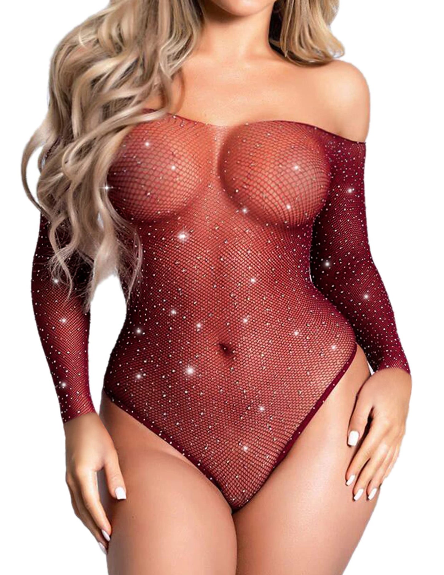 RSLOVE Women Lingerie Fishnet Bodysuit Sparkle Rhinestone Sexy Mesh Teddy Lingerie