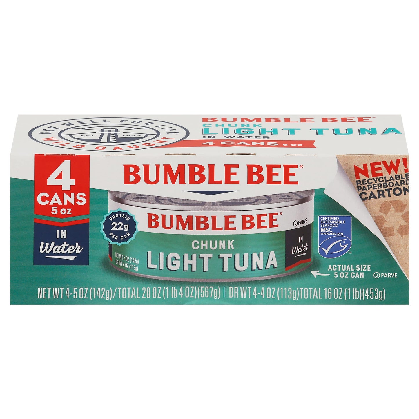 Bumble Bee Chunk Light Tuna In Water, 5 oz Cans (Pack of 24) - Wild Caught - 22g Protein Per Serving - Non-GMO Project Verified, Gluten Free, Kosher - Great For Tuna Salad & Recipes