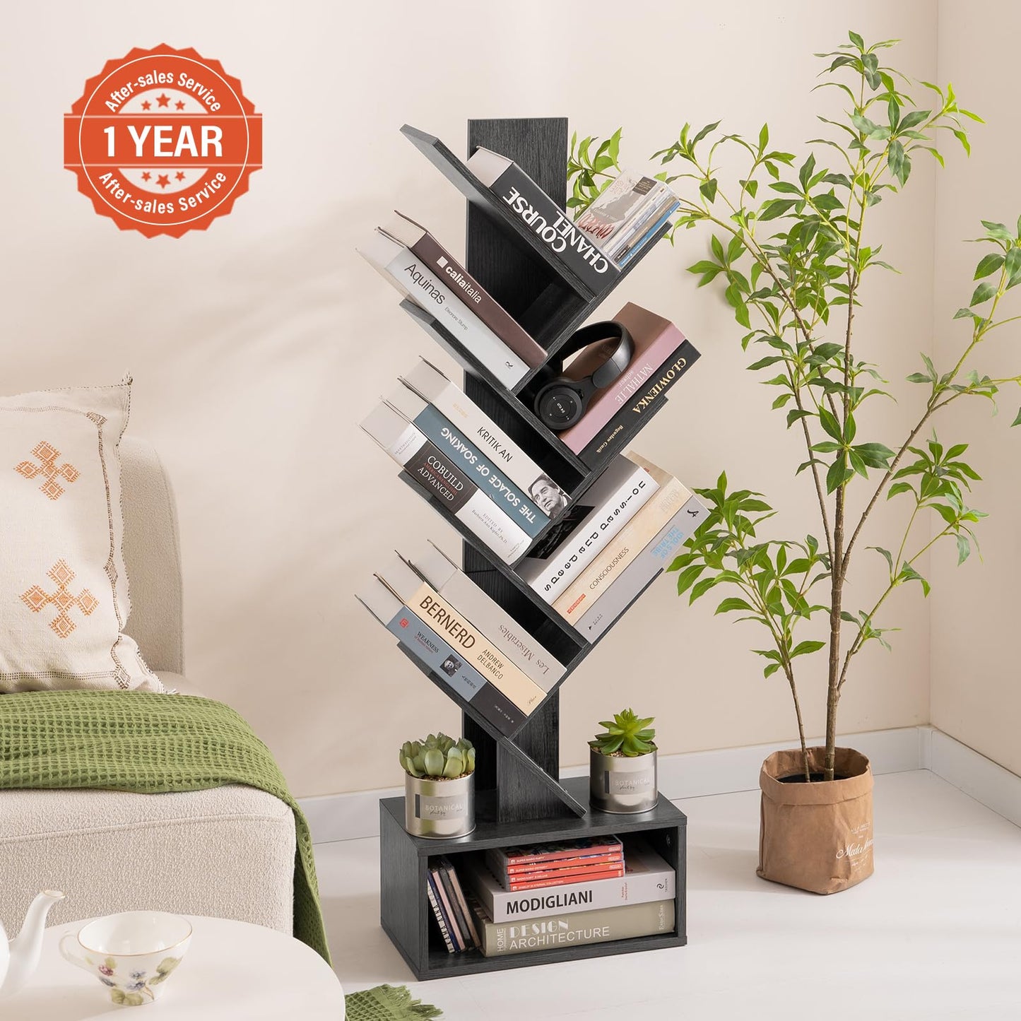 Yoobure Tree Bookshelf - 6 Shelf Retro Floor Standing Bookcase, Tall Wood Book Storage Rack for CDs/Movies/Books, Utility Book Organizer Shelves for Bedroom, Living Room, Home Office, Dark Grey