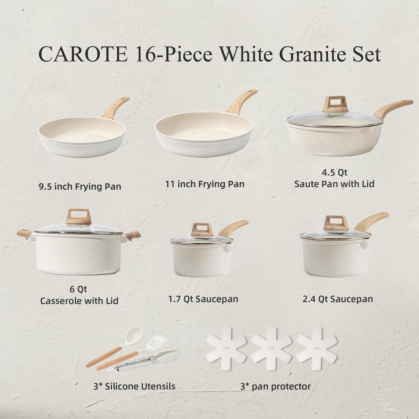 CAROTE Pots and Pans Set Nonstick, White Granite Induction Kitchen Cookware Set, 10 Pcs Non Stick Cooking Set w/Frying Pans & Saucepans(PFOS, PFOA Free)