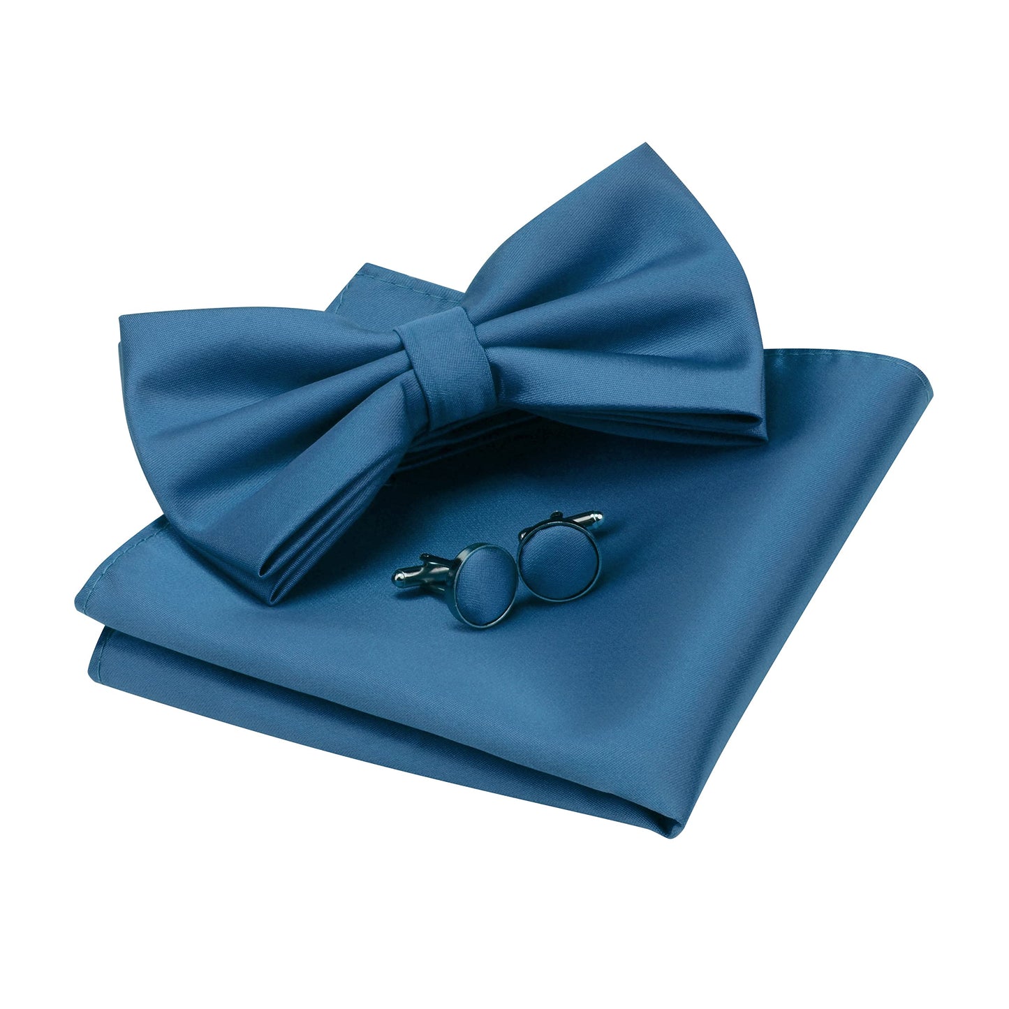 GUSLESON Mens Solid Color Double Fold Pre-tied Bow Tie and Pocket Square Cufflink Set with Gift Box