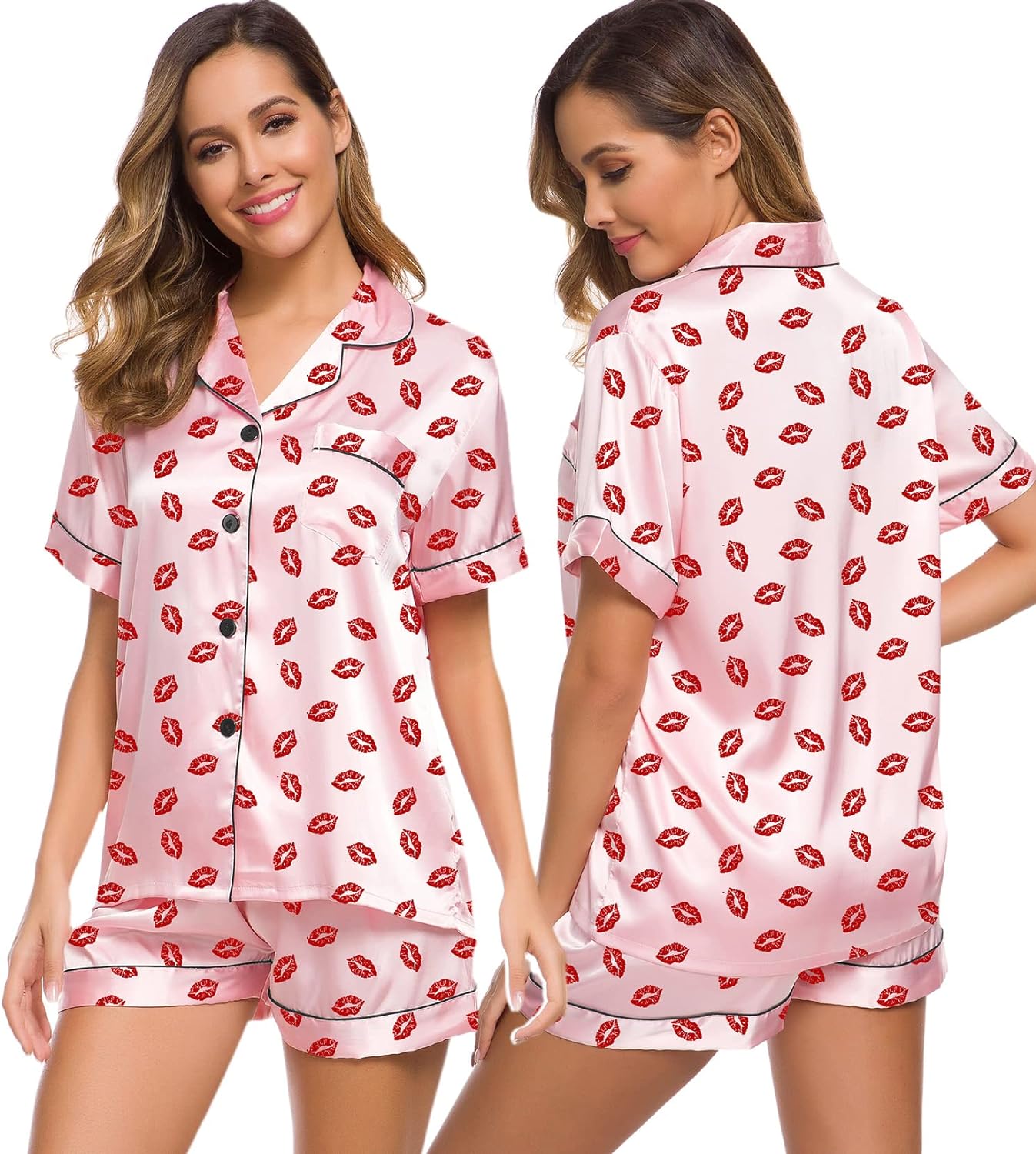 SWOMOG Womens Silk Satin Pajamas Set Two-piece Pj Sets Sleepwear Loungewear Button-Down Pj Sets