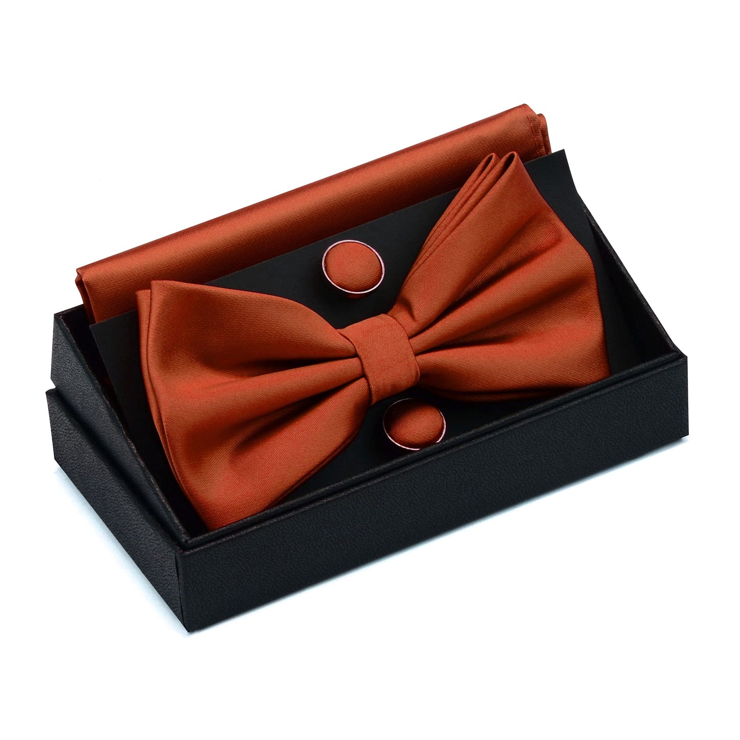 GUSLESON Mens Solid Color Double Fold Pre-tied Bow Tie and Pocket Square Cufflink Set with Gift Box