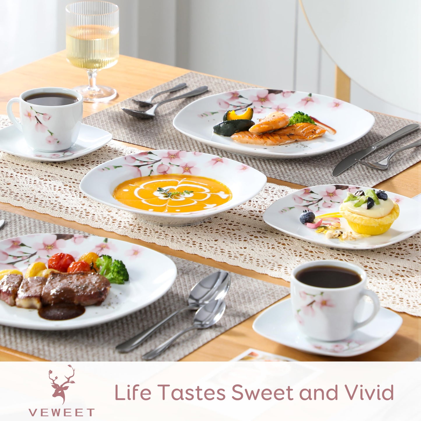 VEWEET, Series Annie, Porcelain Dinnerware Sets for 6, White Dish Set with Pink Floral, 30 PCS Dinner Sets Including Dinner Plates, Dessert Plates, Soup Plates Set, Cups & Saucers