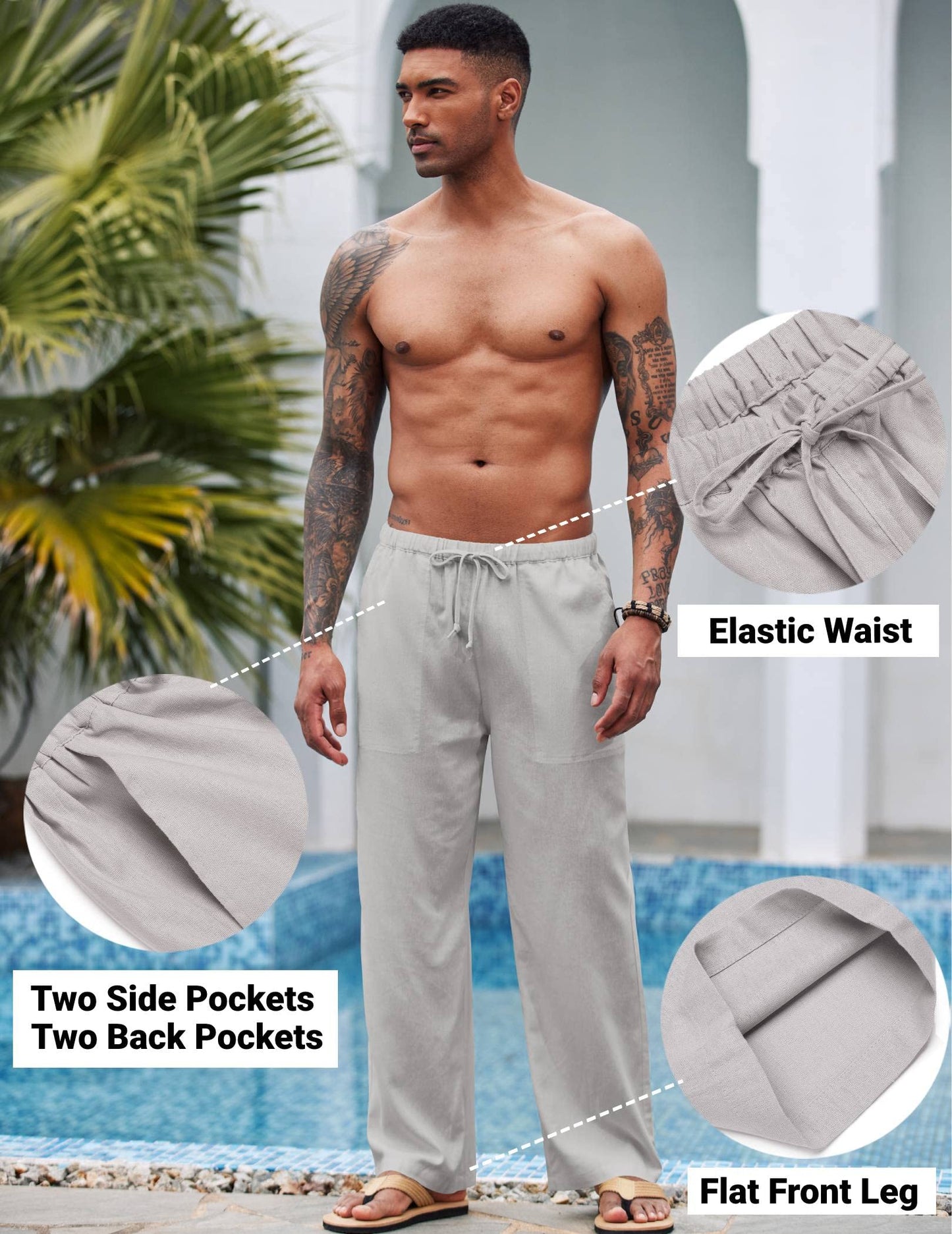 COOFANDY Mens Linen Drawstring Pants Elastic Waist Lightweight Trouser Casual Yoga Summer Beach Pant