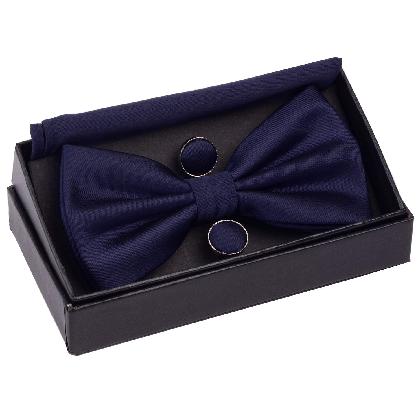 GUSLESON Mens Solid Color Double Fold Pre-tied Bow Tie and Pocket Square Cufflink Set with Gift Box