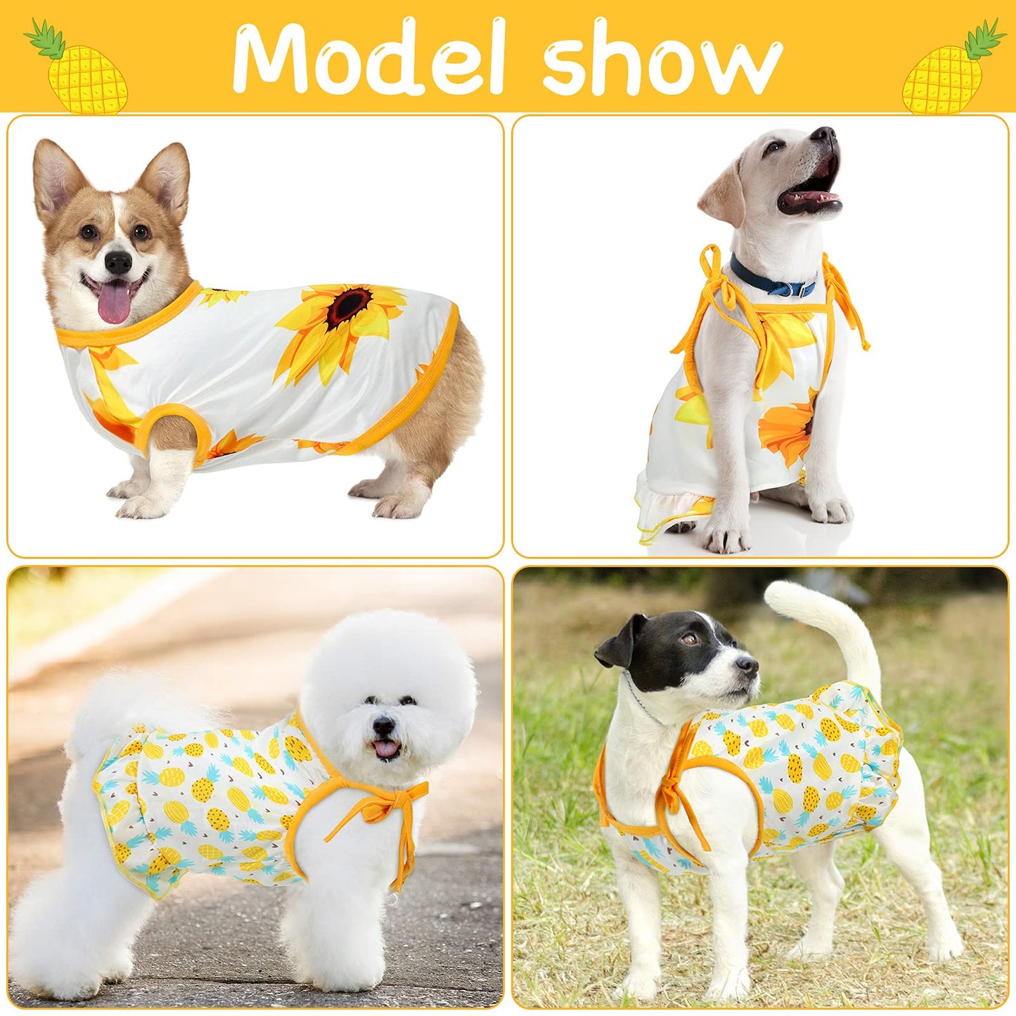 4 Pieces Pet Clothes Set Include 2 Pieces Cute Pet Dress Lovely Fruit Dog Dress and 2 Pieces Dog Shirt Breathable Pet T-Shirt Puppy Clothes for Pet (Pineapple, Sunflower,Medium)