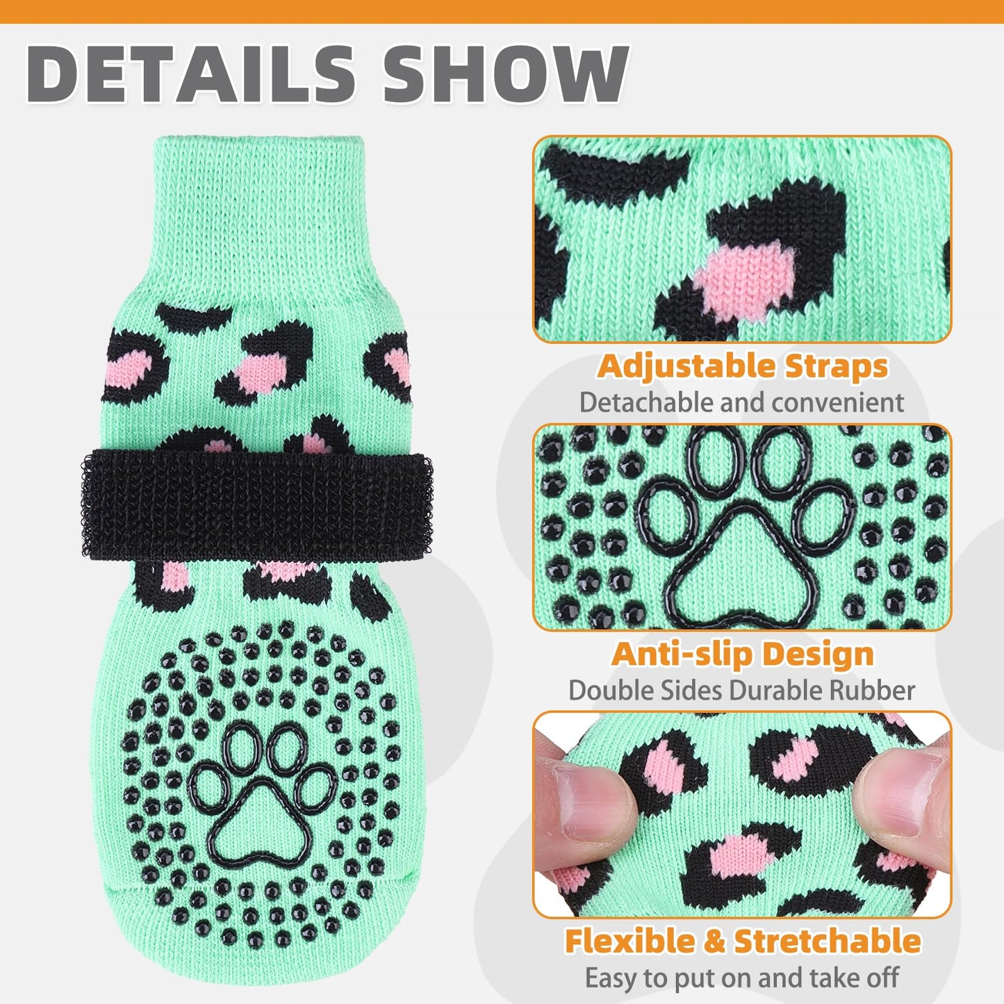 KOOLTAIL Non-Slip Dog Socks-Double Sides Grip for Hardwood Floor,3 Pairs Leopard Print Dog Boots,Traction Control Injury Prevent Licking Paw Protector Dog Shoes for Small Medium Large Old Senior Dogs