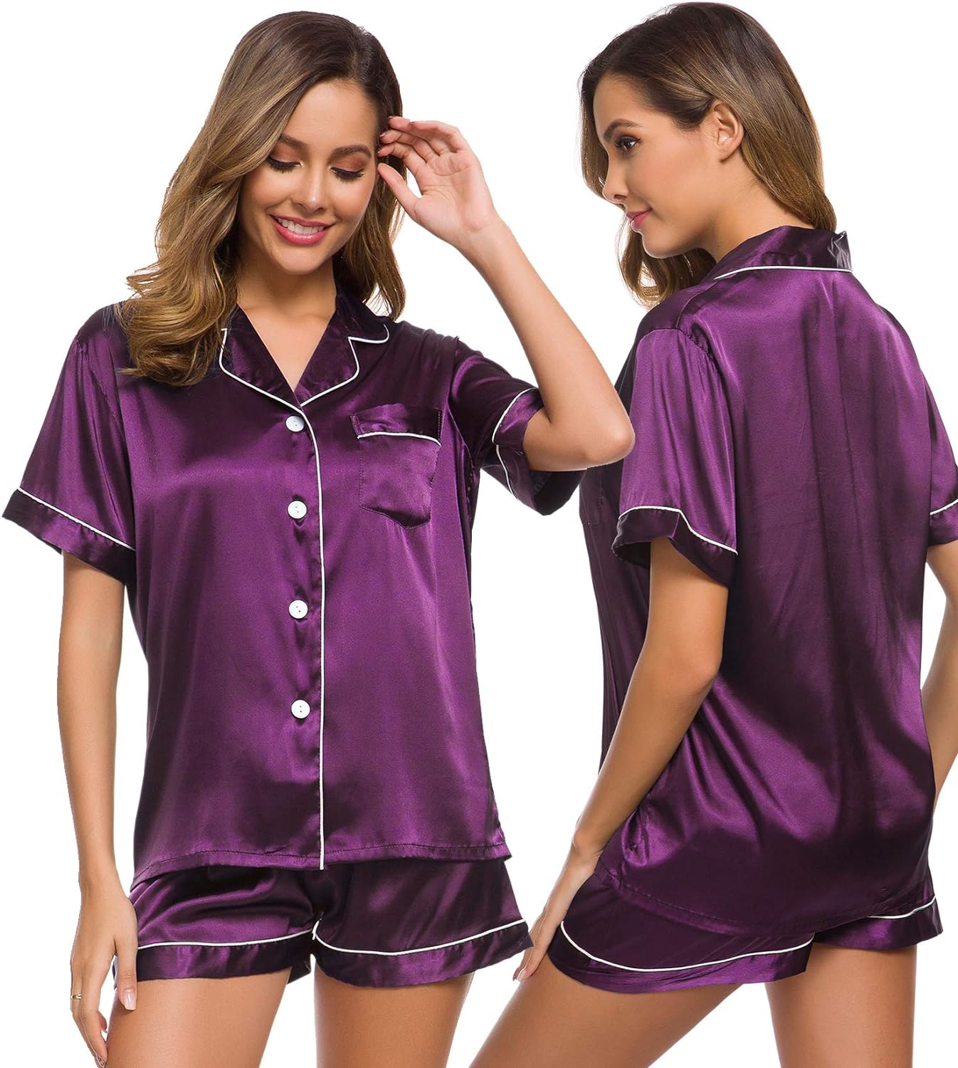 SWOMOG Womens Silk Satin Pajamas Set Two-piece Pj Sets Sleepwear Loungewear Button-Down Pj Sets