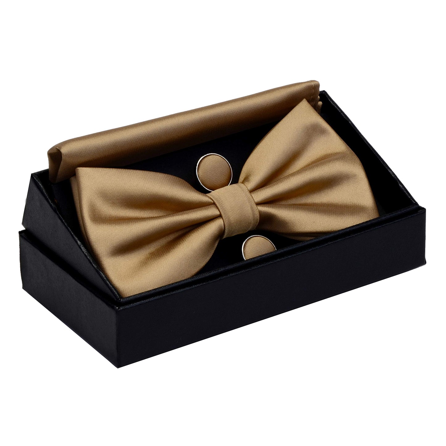 GUSLESON Mens Solid Color Double Fold Pre-tied Bow Tie and Pocket Square Cufflink Set with Gift Box