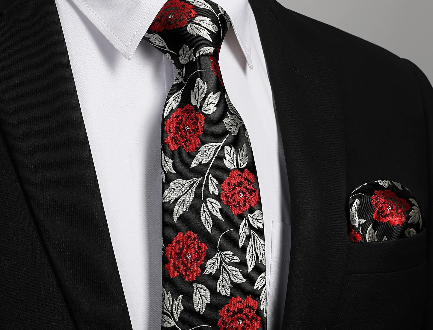 HISDERN Men Floral Ties Woven Classic 3.4" Necktie Set Formal tie Pocket Square for Wedding with Handkerchief Gift Box