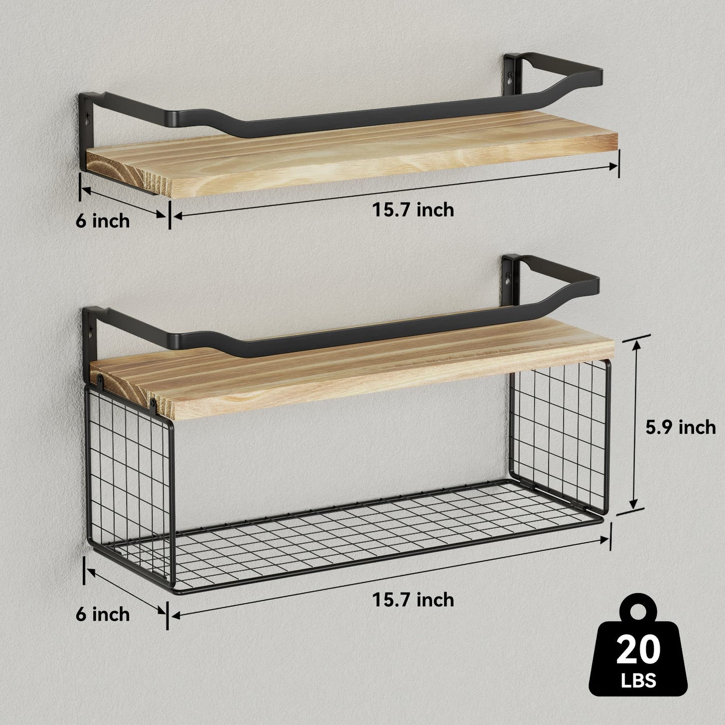 WOPITUES Floating Shelves with Wire Storage Basket, Bathroom Shelves Over Toilet with Protective Metal Guardrail, Wood Wall Shelves for Bathroom, Bedroom, Living Room, Toilet Paper-Black