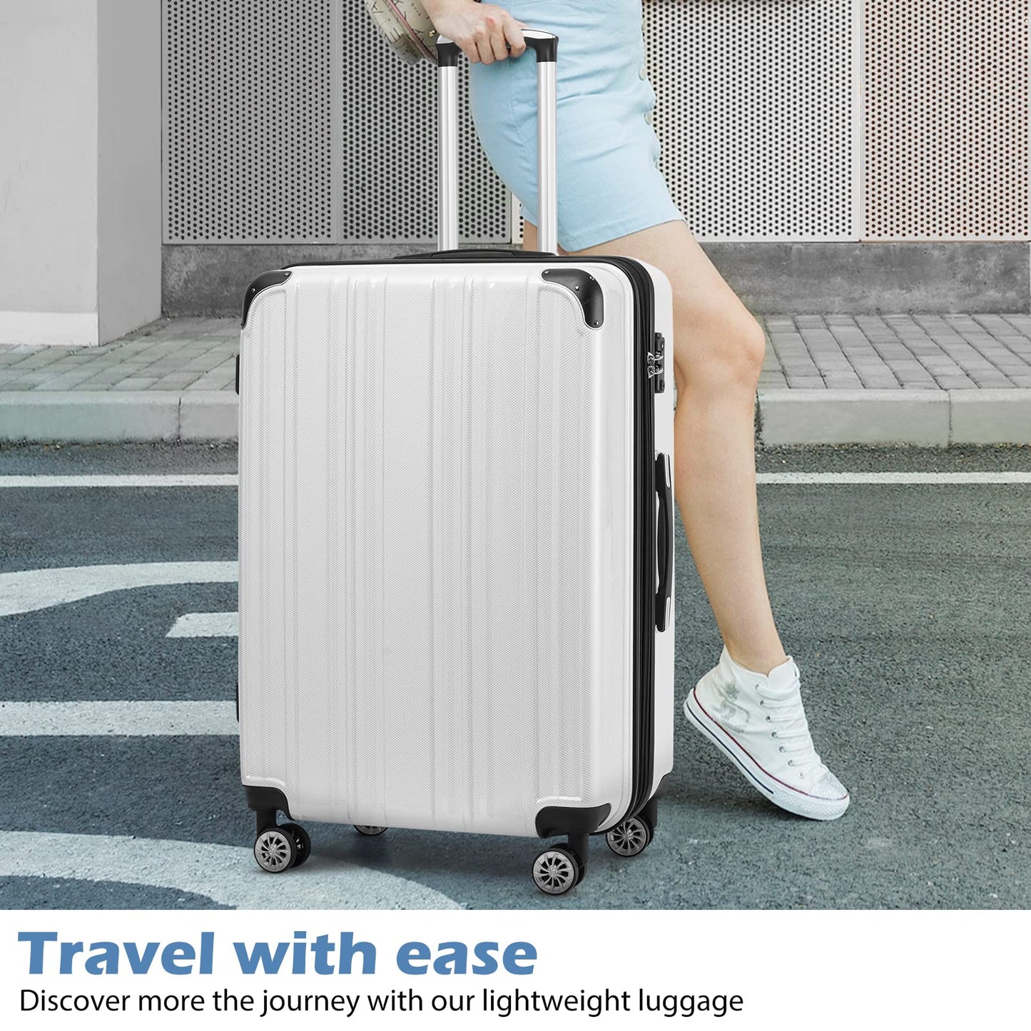 Coolife Luggage Expandable(only 28") Suitcase PC+ABS Spinner 20in 24in 28in Carry on (white grid new, S(20in)_carry on)