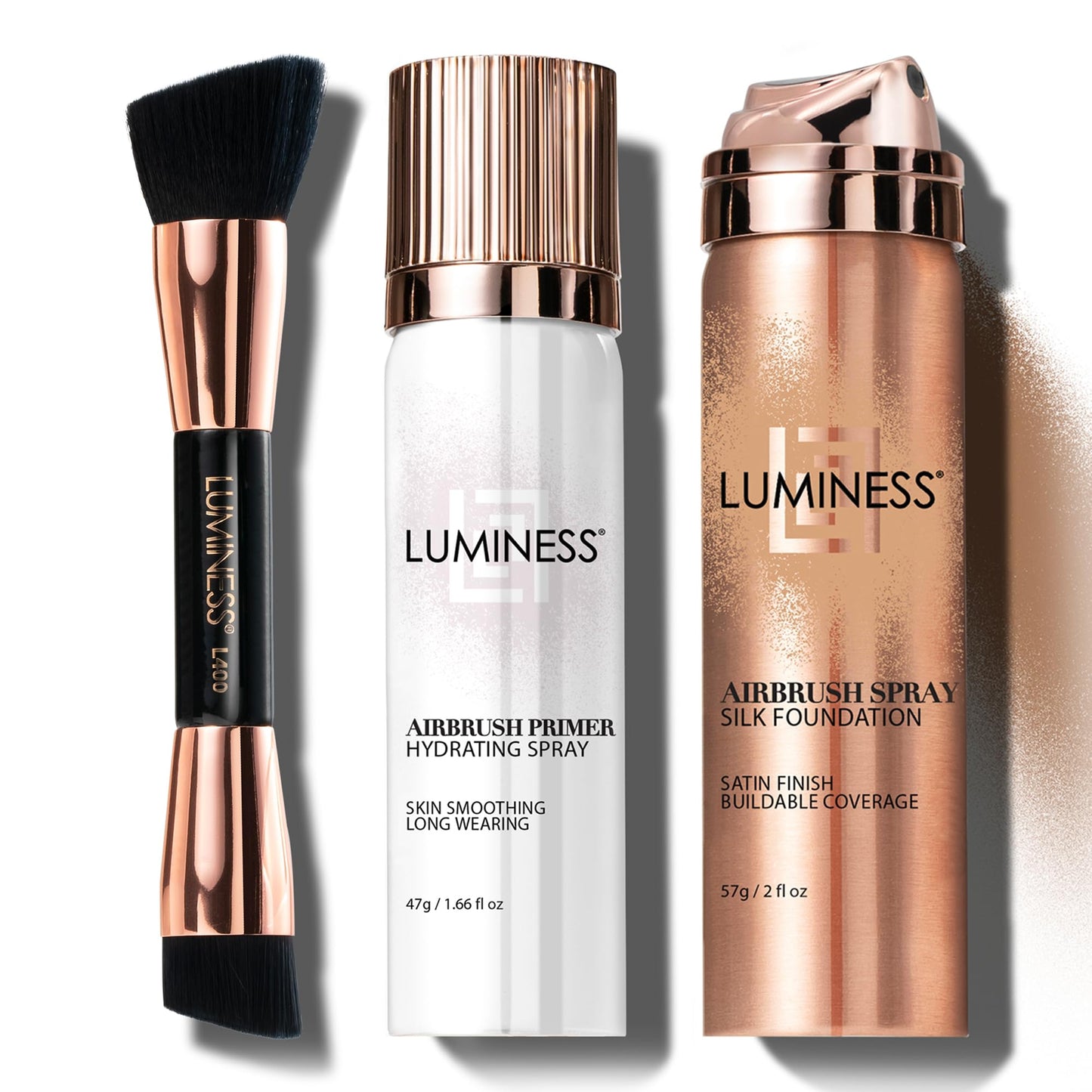 LUMINESS Airbrush Spray Silk Foundation Starter Kit - Medium Dark - Foundation, Primer & Dual-Sided Angled Buffing Brush - Medium, Buildable Coverage, Anti-Aging Formula Hydrates & Moisturizes