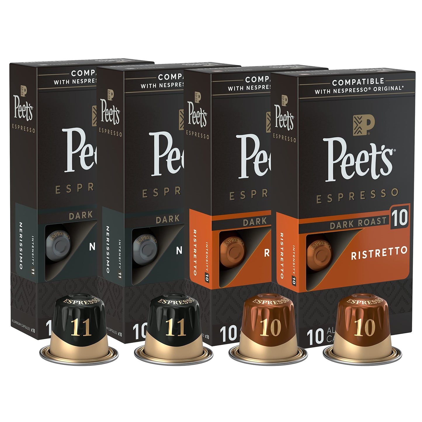 Peet's Coffee Gifts, Espresso Coffee Pods Variety Pack, Dark & Medium Roasts, Intensity 8-11, 40 Count (4 Boxes of 10 Espresso Capsules)