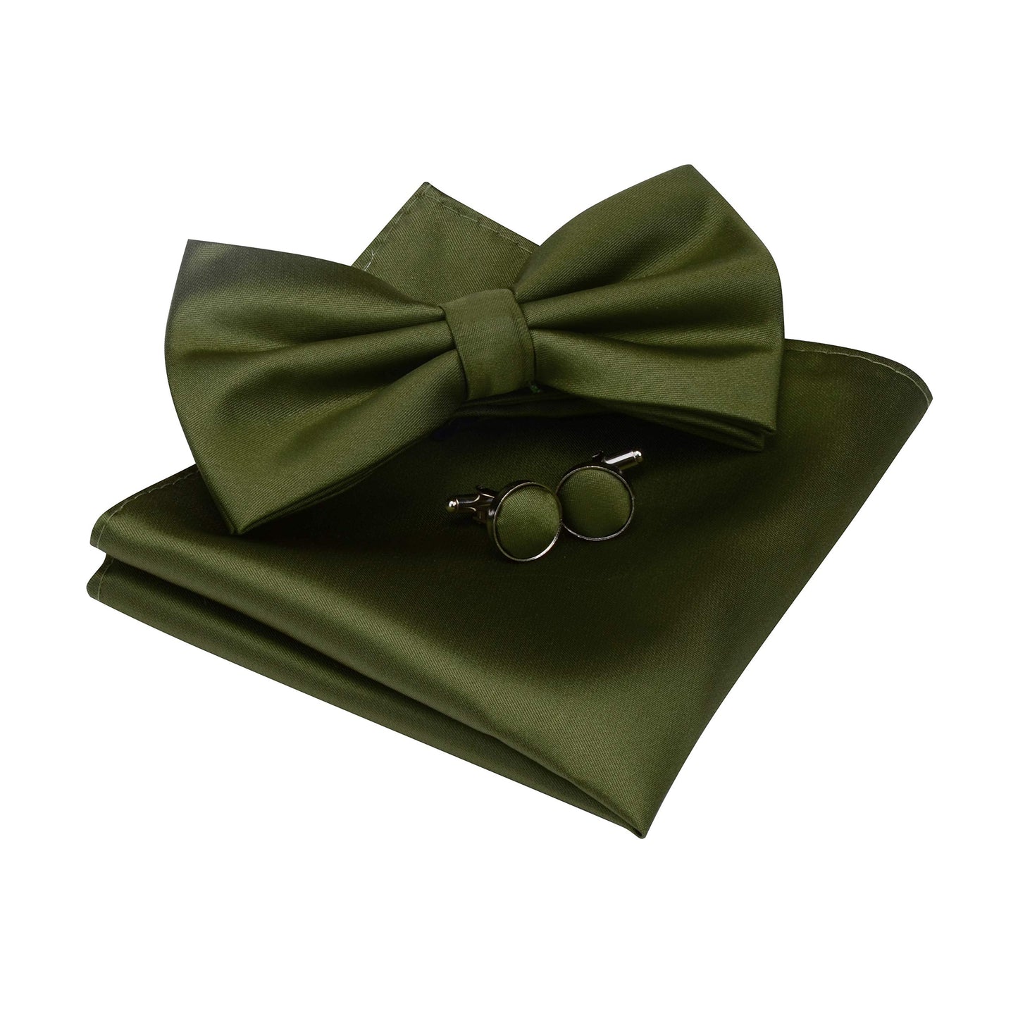 GUSLESON Mens Solid Color Double Fold Pre-tied Bow Tie and Pocket Square Cufflink Set with Gift Box