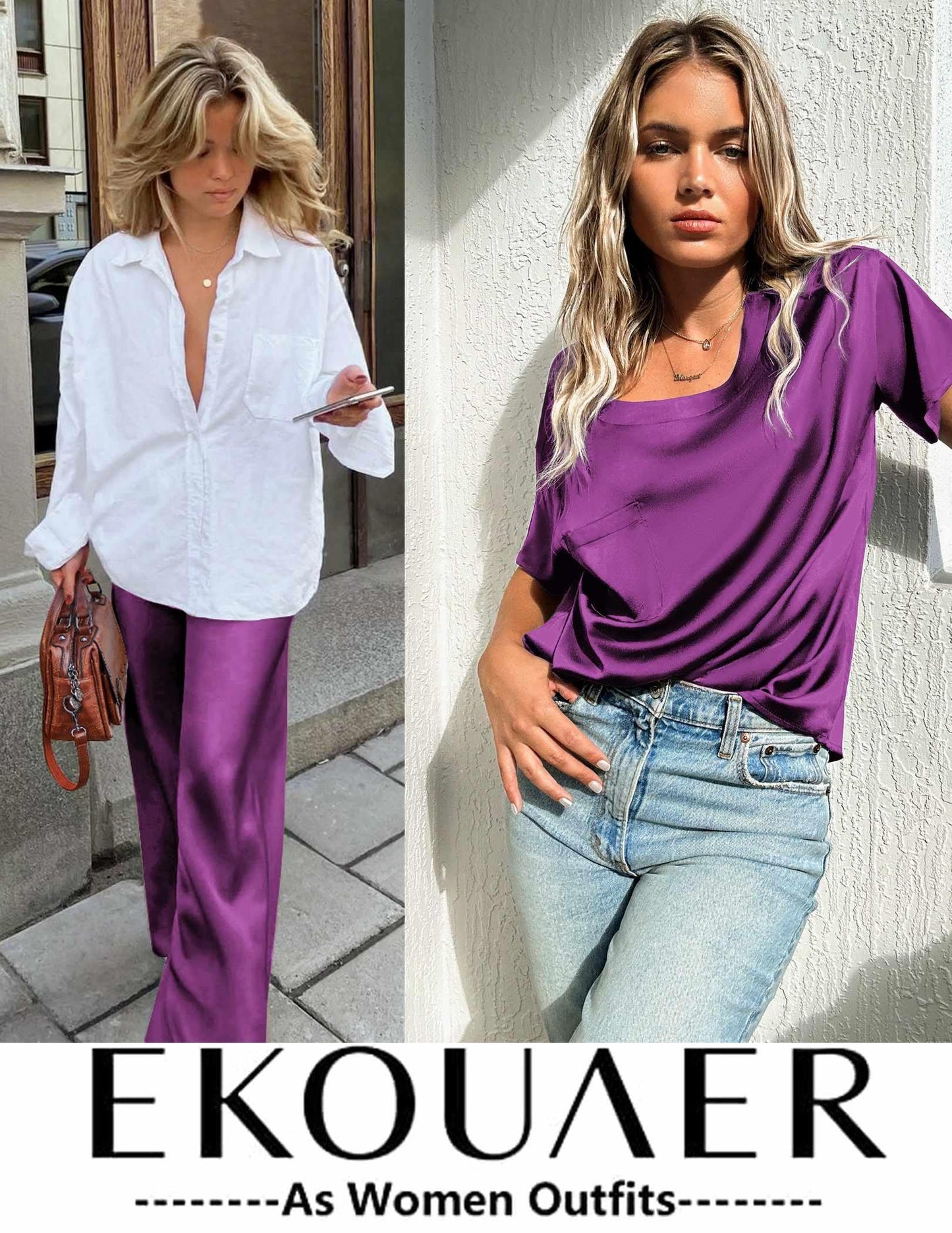 Ekouaer Womens Satin Silky Pajama Set Short Sleeve Shirt with Long Pajama Pant Set Soft PJ Loungewear