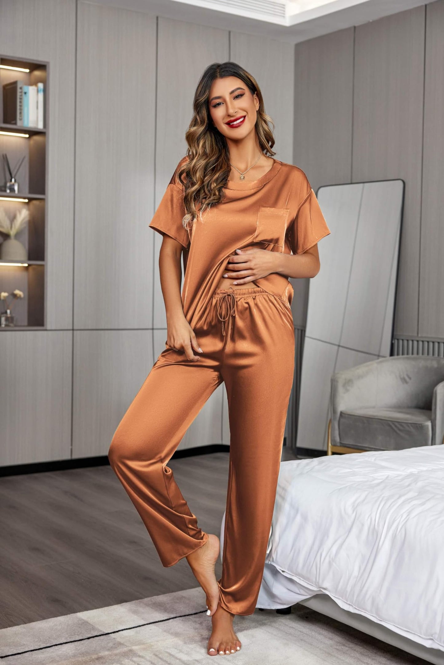 Ekouaer Womens Satin Silky Pajama Set Short Sleeve Shirt with Long Pajama Pant Set Soft PJ Loungewear