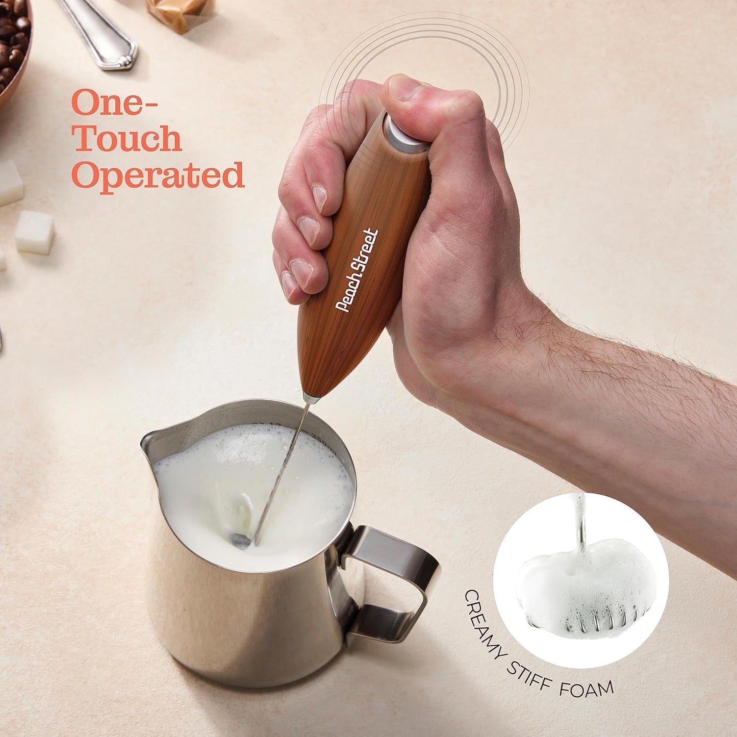 Powerful Handheld Milk Frother, Mini Milk Frother Wand, Battery Operated Stainless Steel Drink Mixer - Milk Frother Stand for Milk Coffee, Lattes, Cappuccino, Frappe, Matcha, Hot Chocolate. Great Gift