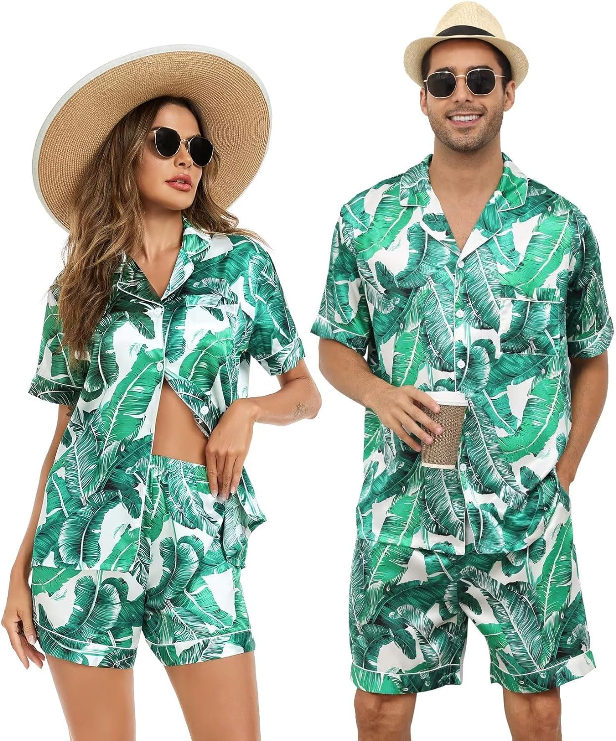 SWOMOG Satin Matching Pajamas Sets Couple Silk Button Down Nightwear Short Sleeve Sleepwear 2 Pieces Loungewear with Shorts