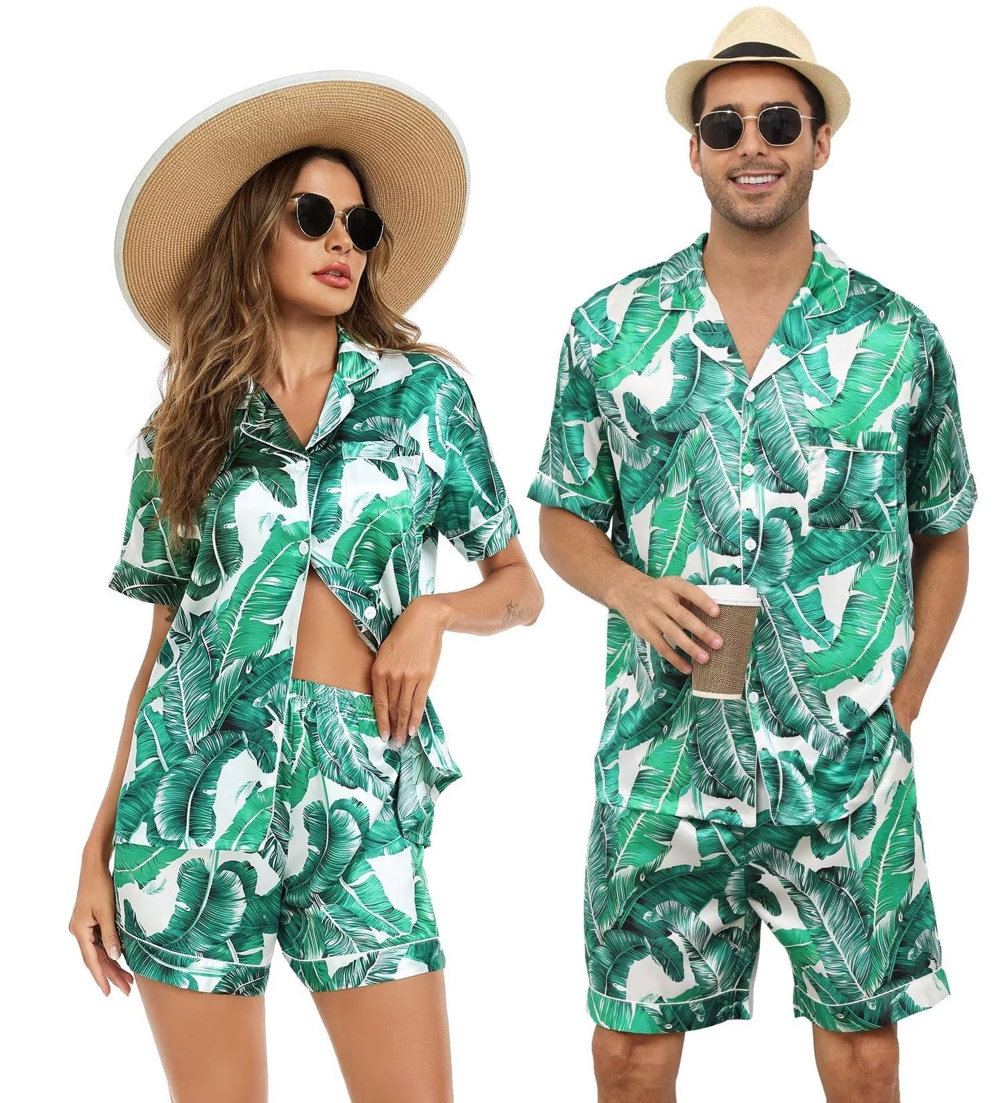 SWOMOG Satin Matching Pajamas Sets Couple Silk Button Down Nightwear Short Sleeve Sleepwear 2 Pieces Loungewear with Shorts