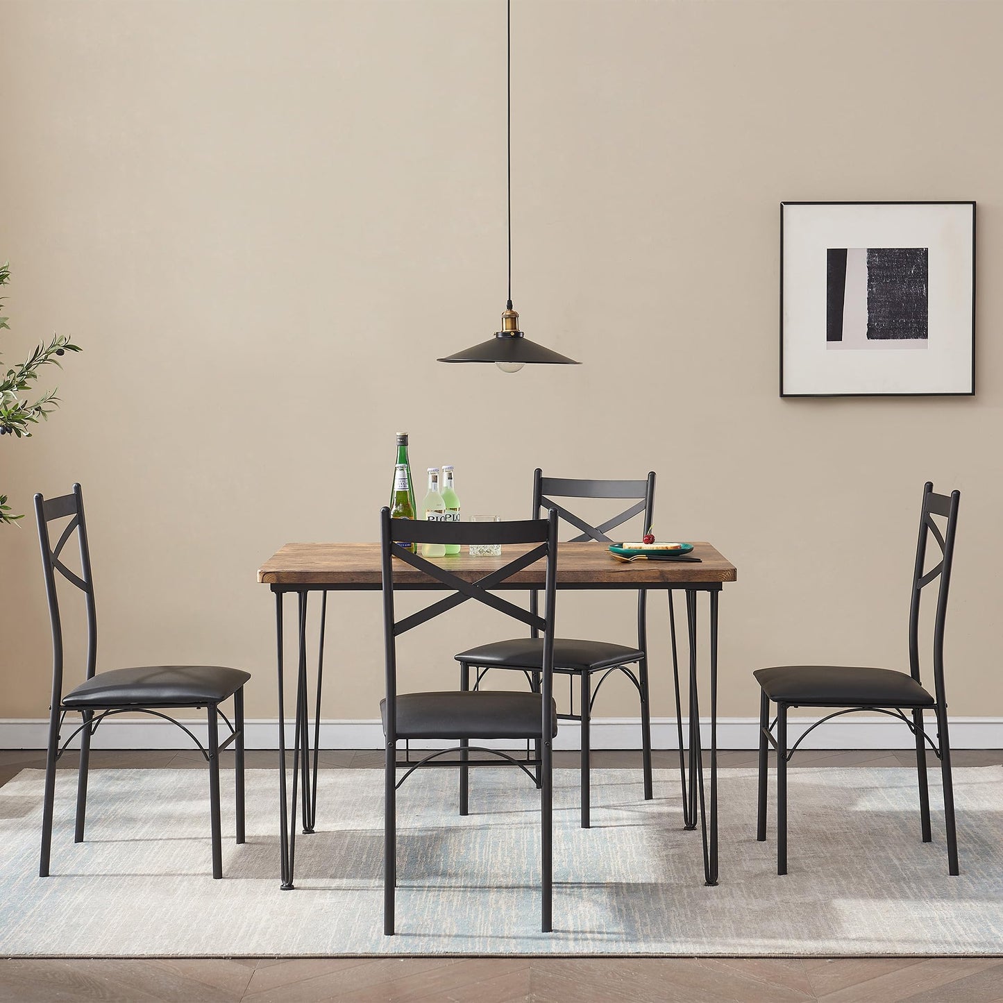 VECELO Kitchen Dining Room Table 2 Chairs for Small Space, Apartment,Metal Steel Frame, 3-Piece Set, Brown