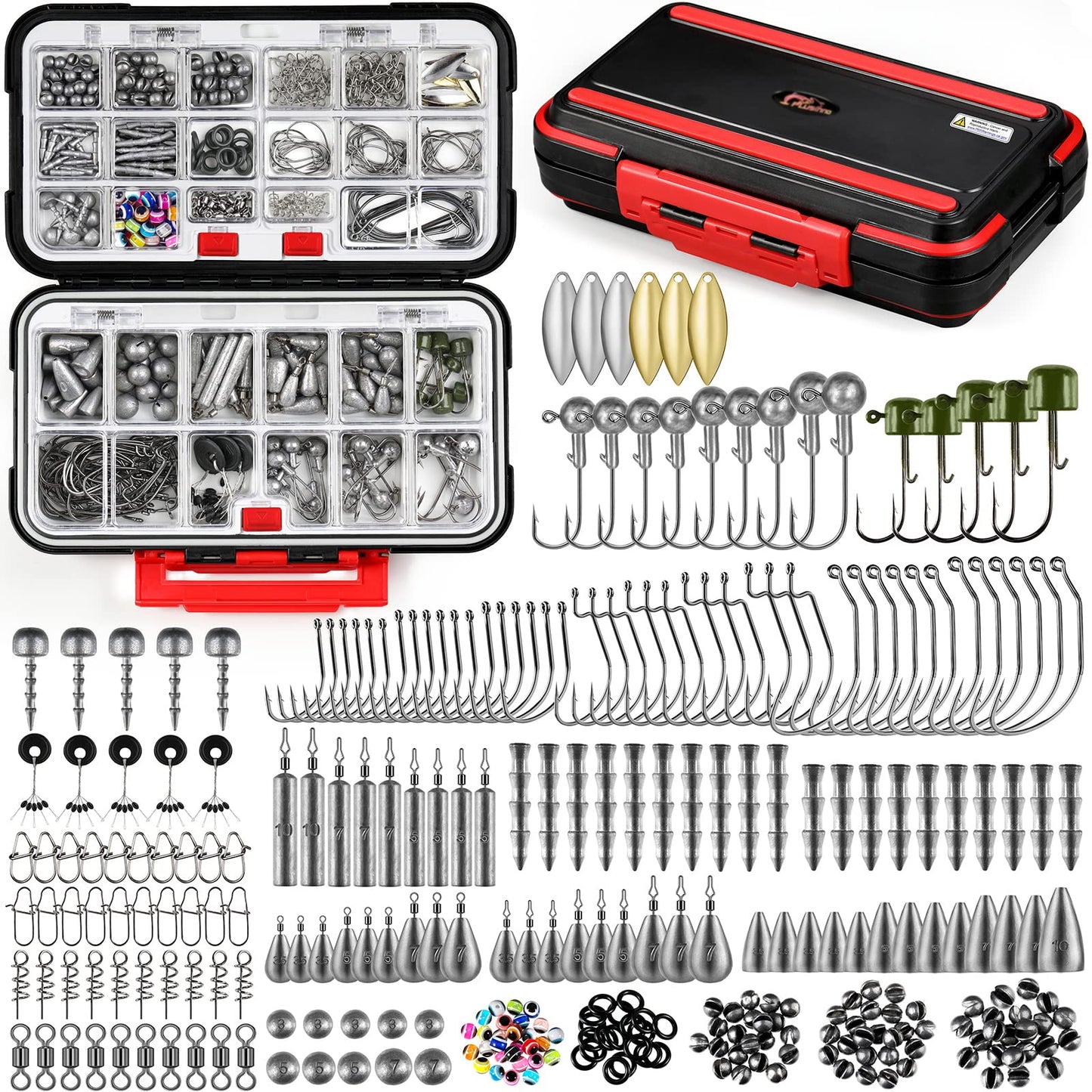 PLUSINNO 253/397pcs Fishing Accessories Kit, Fishing Tackle Box with Tackle Included, Fishing Hooks, Fishing Weights Sinkers, Spinner Blade, Fishing Gear for Bass, Bluegill, Crappie, Fishing