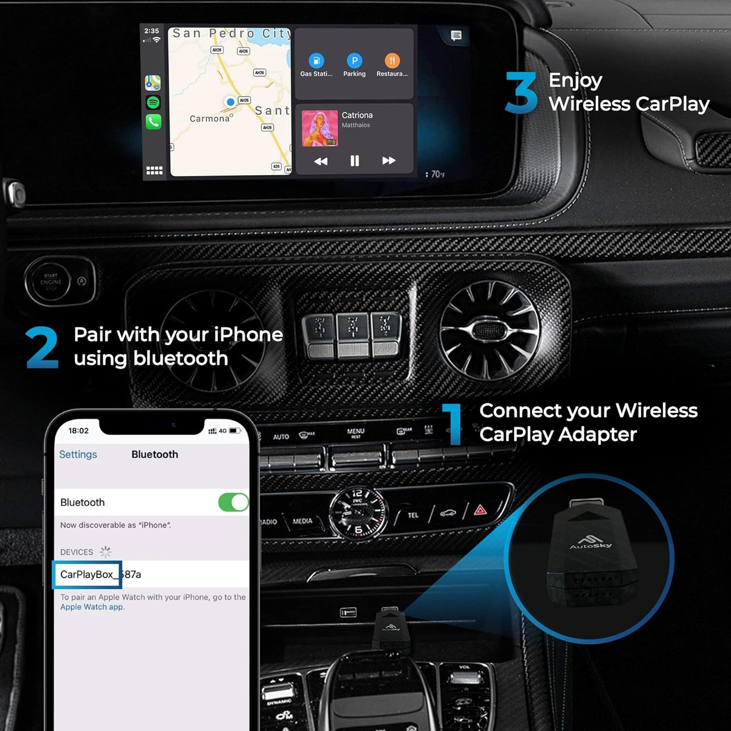 Wireless CarPlay Adapter 2023 Pro Slim Edition - Smallest Newest and Fastest Wireless CarPlay Adapter - AutoSky - Factory Wired CarPlay Cars – USB-A and USB-C Cables – Wired CarPlay Required