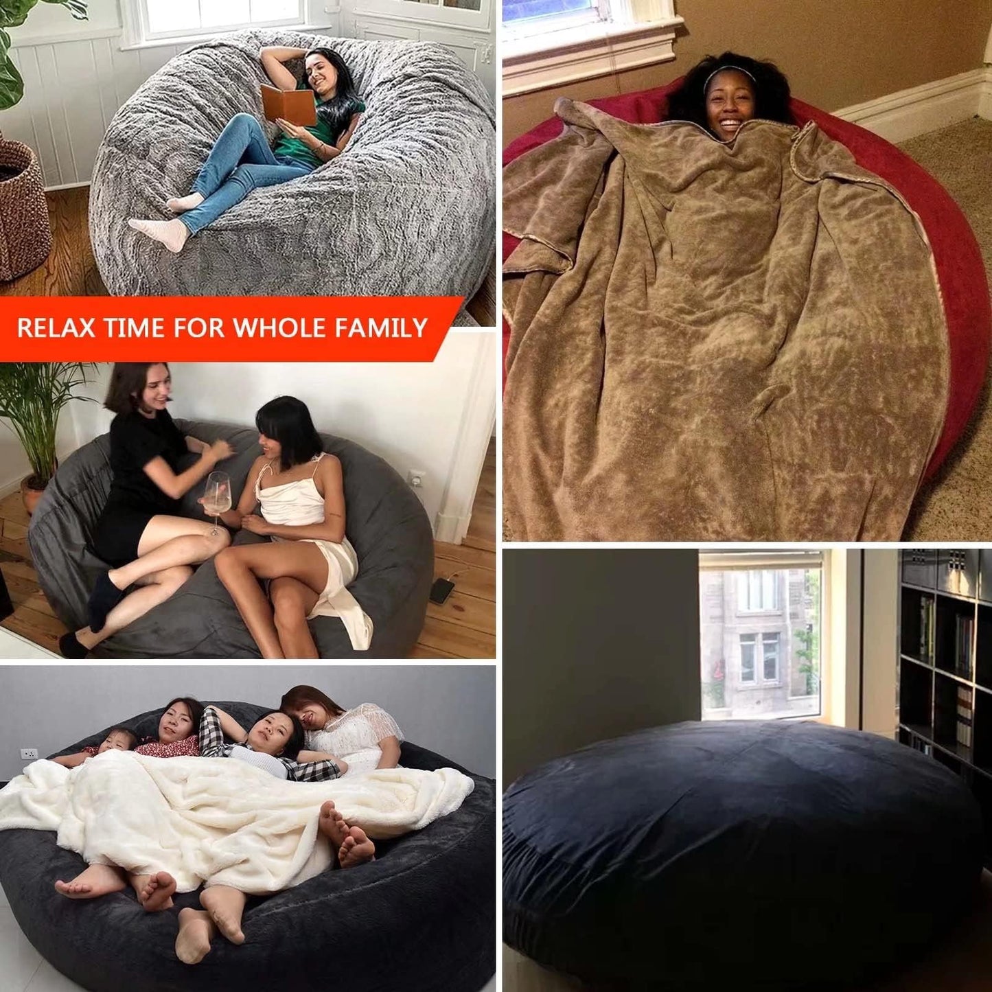 Big Huge Giant Bean Bag Chair for Adults, (No Filler) Bean Bag Chairs in Multiple Sizes and Colors Giant Foam-Filled Furniture - Machine Washable Covers, Double Stitched Seams (Black,6FT)