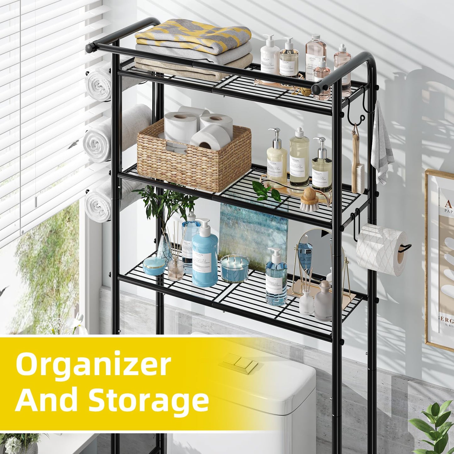 Over The Toilet Storage Rack, Metal 3 Tier Bathroom Organizer Shelf with Paper Holder and 3 Hooks, White