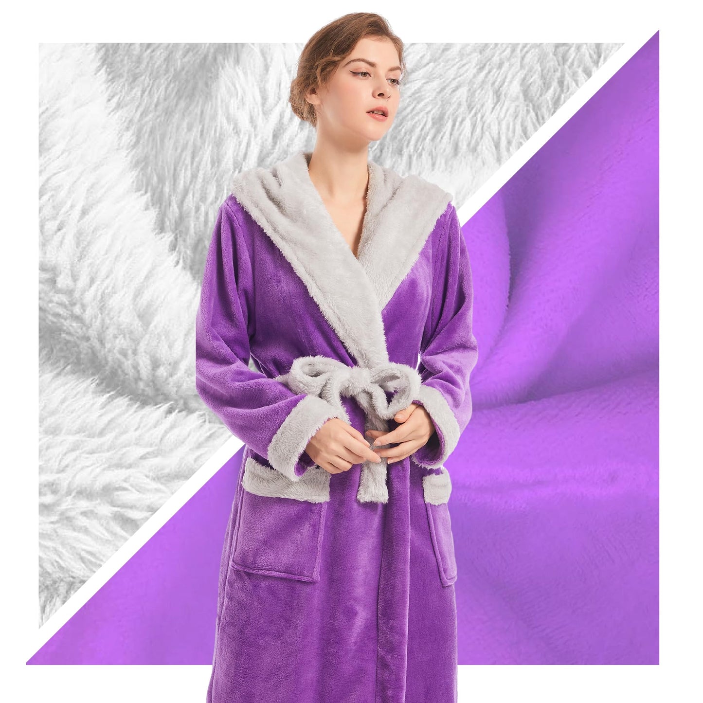 Inner Wish Women Hooded Plush Robe, Fleece Cozy Warm Bathrobe