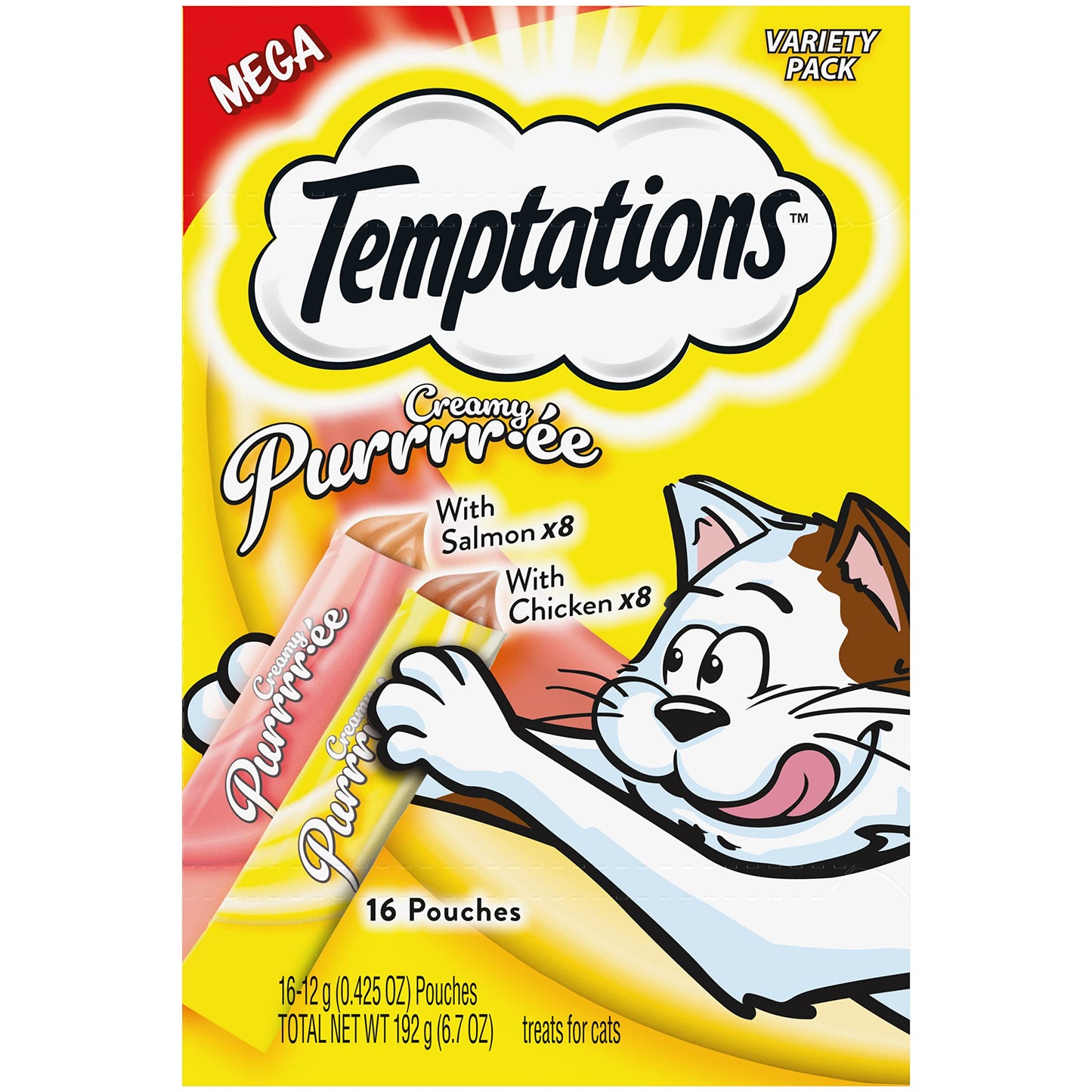 Temptations Creamy Puree with Chicken and Salmon Variety Pack of Lickable, Squeezable Cat Treats, 0.42 Oz Pouches, 16 Count