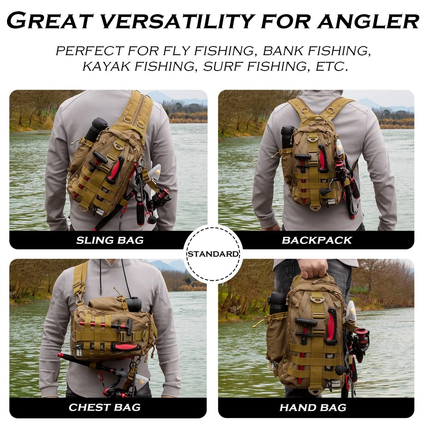 Ghosthorn Fishing Backpack Tackle Sling Bag - Fishing Backpack with Rod Holder - Tackle Box Fly Fishing Gifts for Men Women