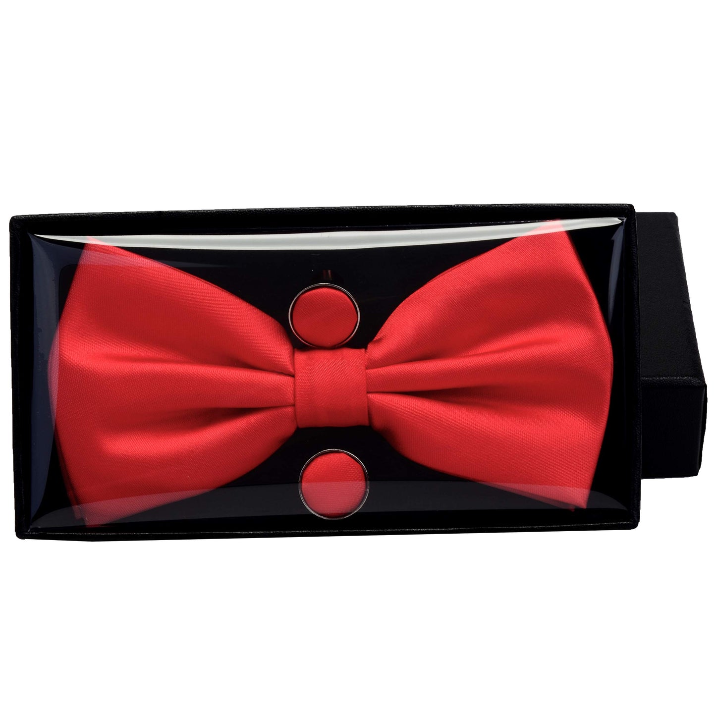 GUSLESON Mens Solid Color Double Fold Pre-tied Bow Tie and Pocket Square Cufflink Set with Gift Box