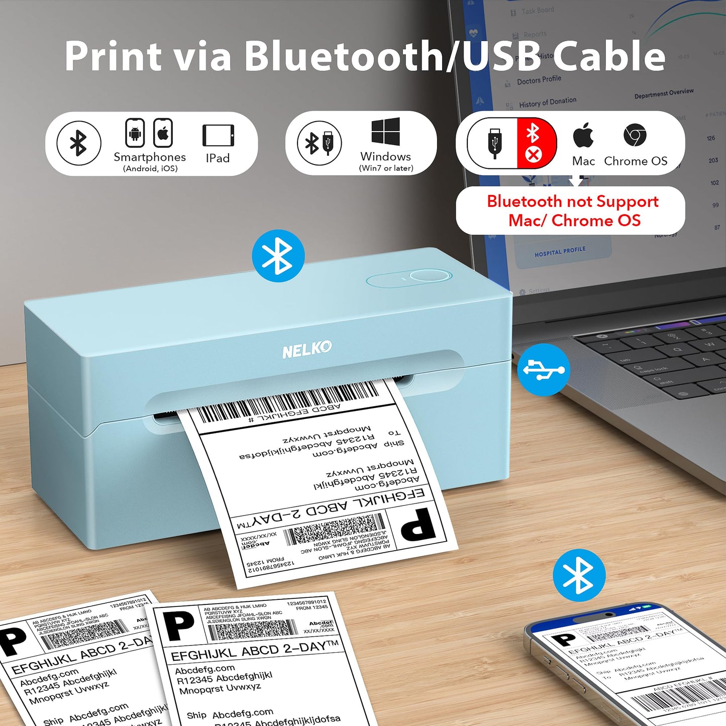 Nelko Bluetooth Thermal Shipping Label Printer, Wireless 4x6 Shipping Label Printer for Shipping Packages, Support Android, iPhone and Windows, Widely Used for Amazon, Ebay, Shopify, Etsy, USPS